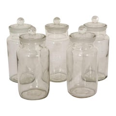 Vintage Set of Five English Lidded Glass Apothecary Jars