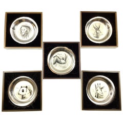 Set of Five Engraved English Silver Decorative Plates by Bernard Buffet
