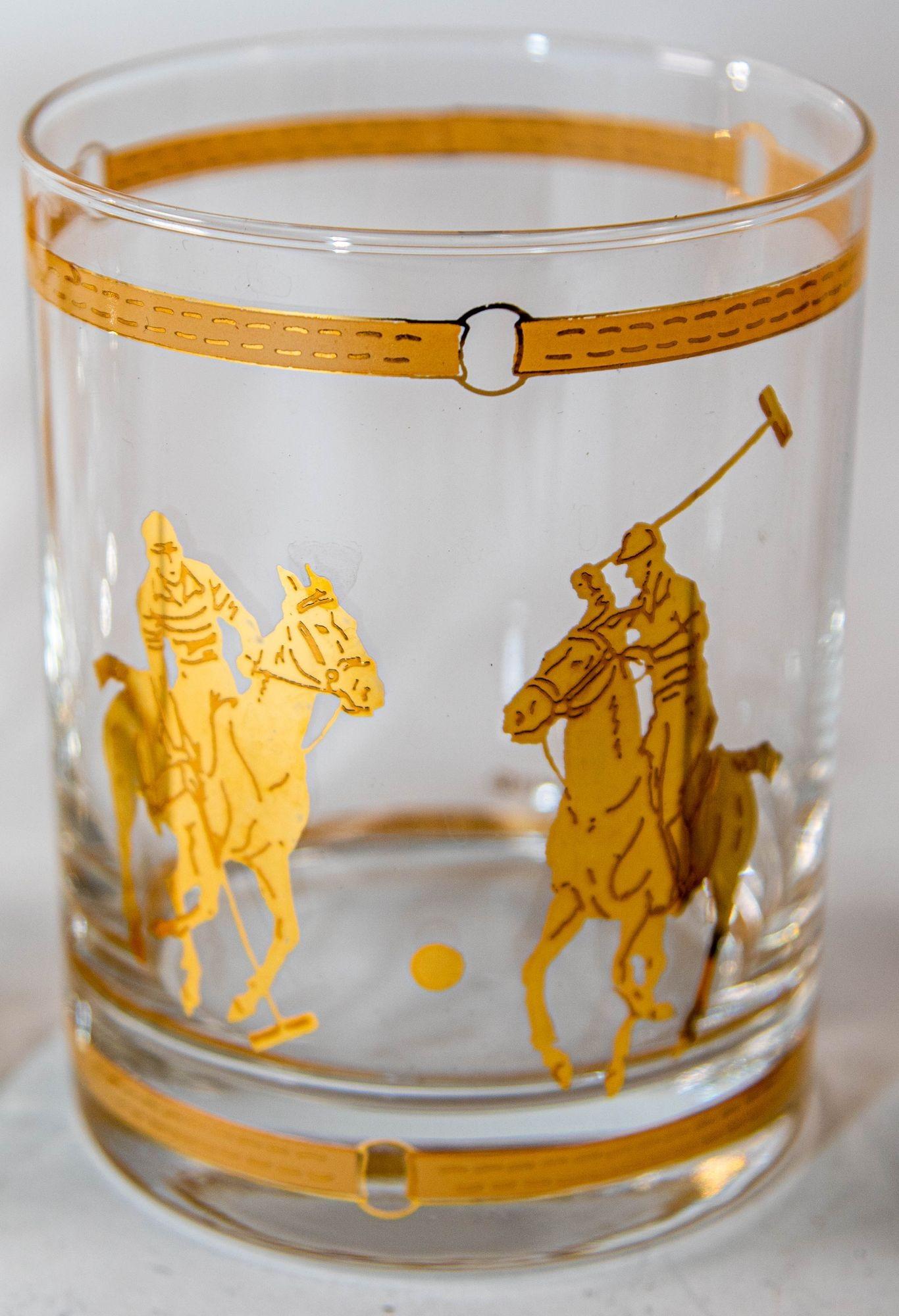 20th Century Set of Five Equestrian Polo on The Rocks Glasses Barware Culver 22 Karat Gold