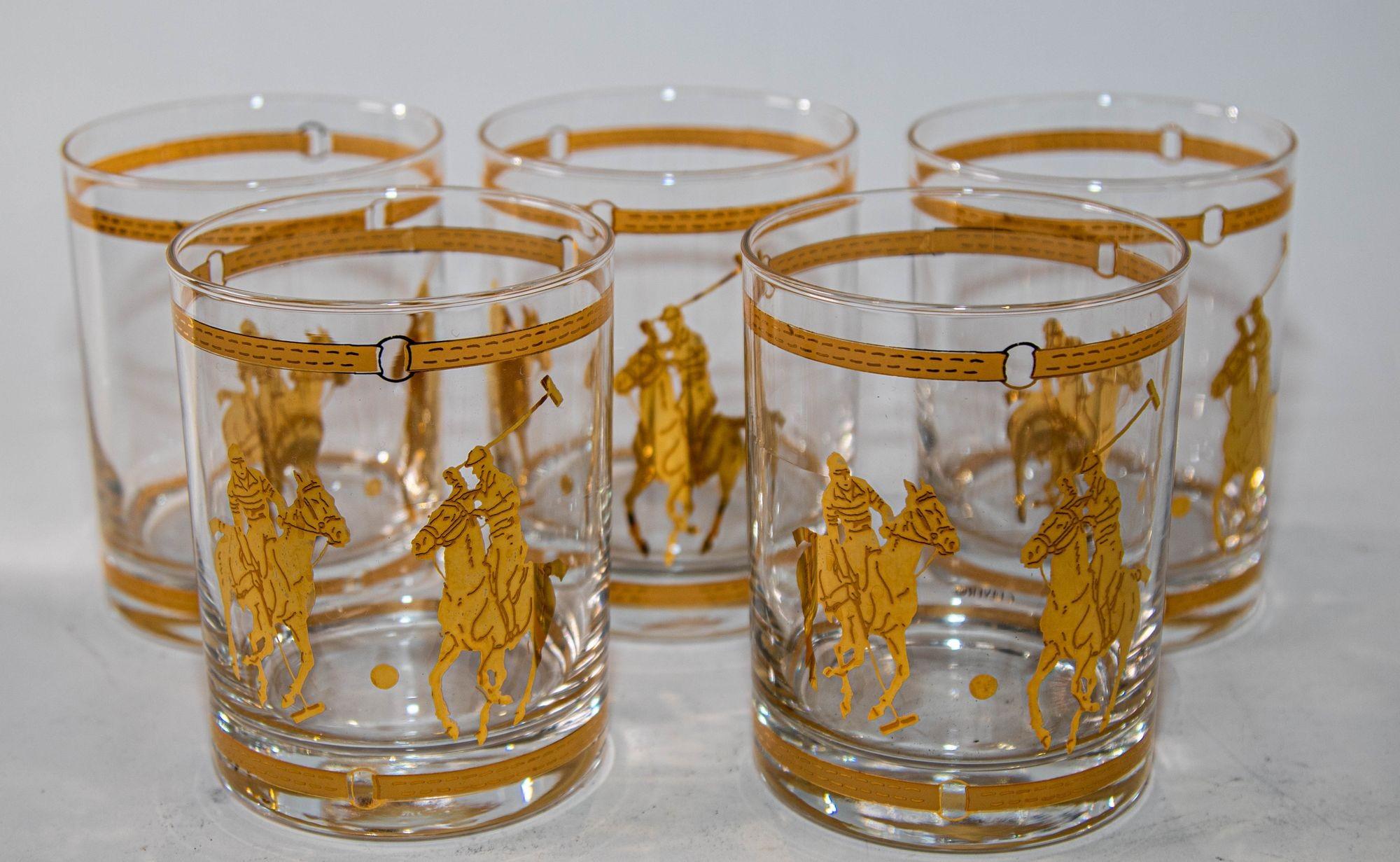 Set of Five Equestrian Polo on The Rocks Glasses Barware Culver 22 Karat Gold 5