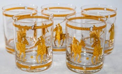 Set of Five Equestrian Polo on The Rocks Glasses Barware Culver 22 Karat Gold