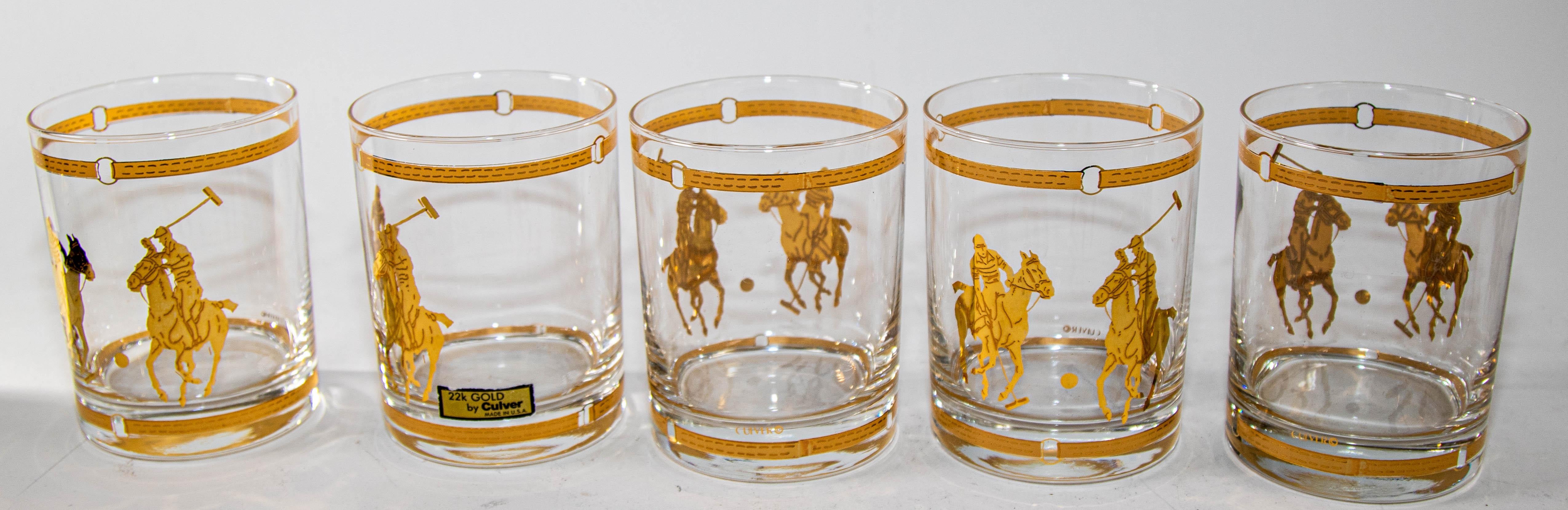 Set of Five Equestrian Polo on The Rocks Glasses Barware Culver 22 Karat Gold In Good Condition In North Hollywood, CA