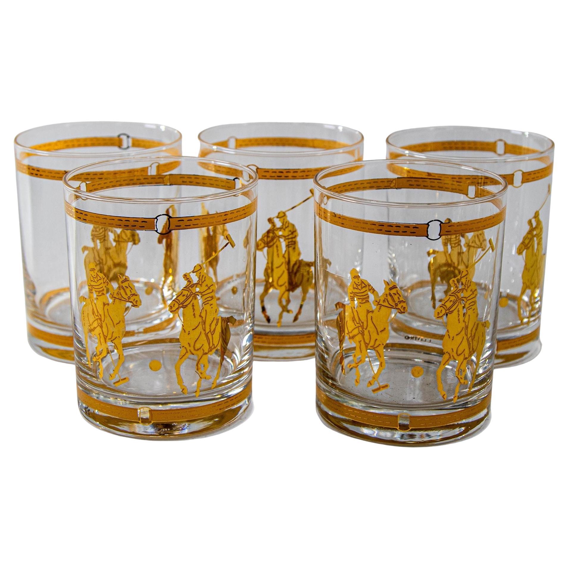 Set of Five Equestrian Polo on The Rocks Glasses Barware Culver 22 Karat Gold