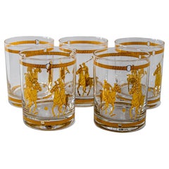 Vintage Set of Five Equestrian Polo on The Rocks Glasses Barware Culver 22 Karat Gold
