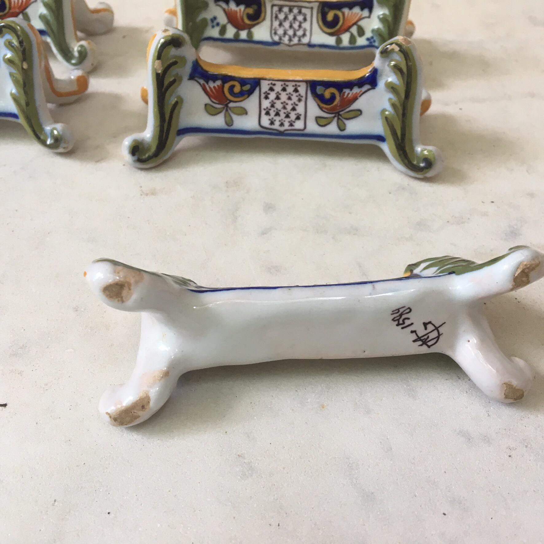 French Set of Five Faience Knife Rests Desvres, circa 1890 For Sale