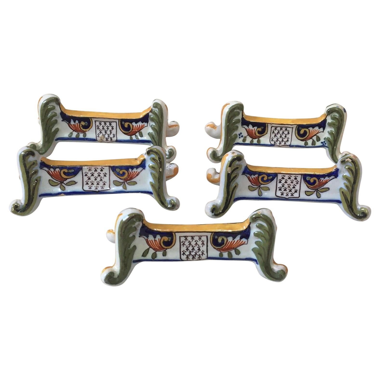 Set of Five Faience Knife Rests Desvres, circa 1890 For Sale