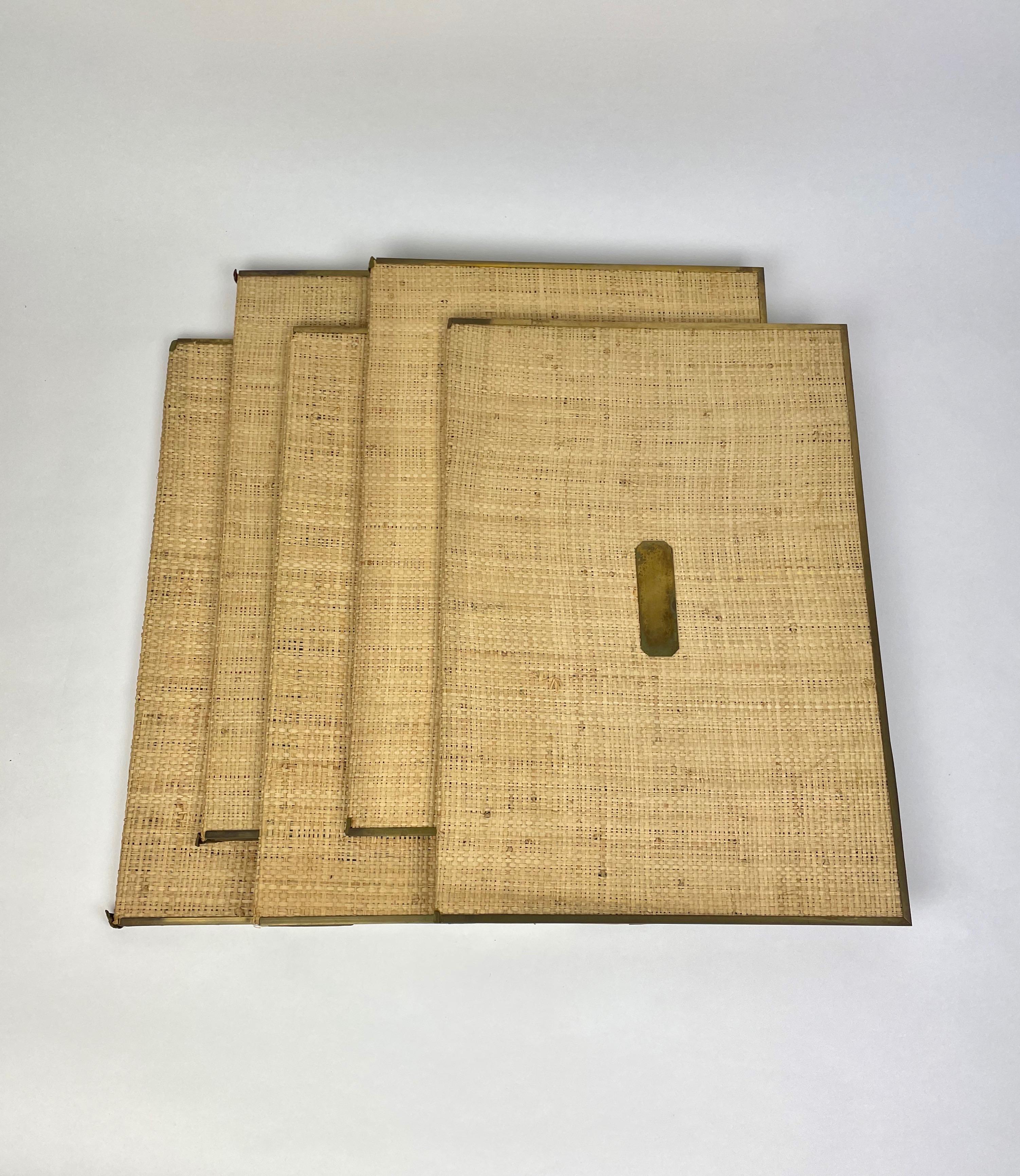 Set of Five File Folders in Wicker and Brass, Italy, 1960s For Sale 5