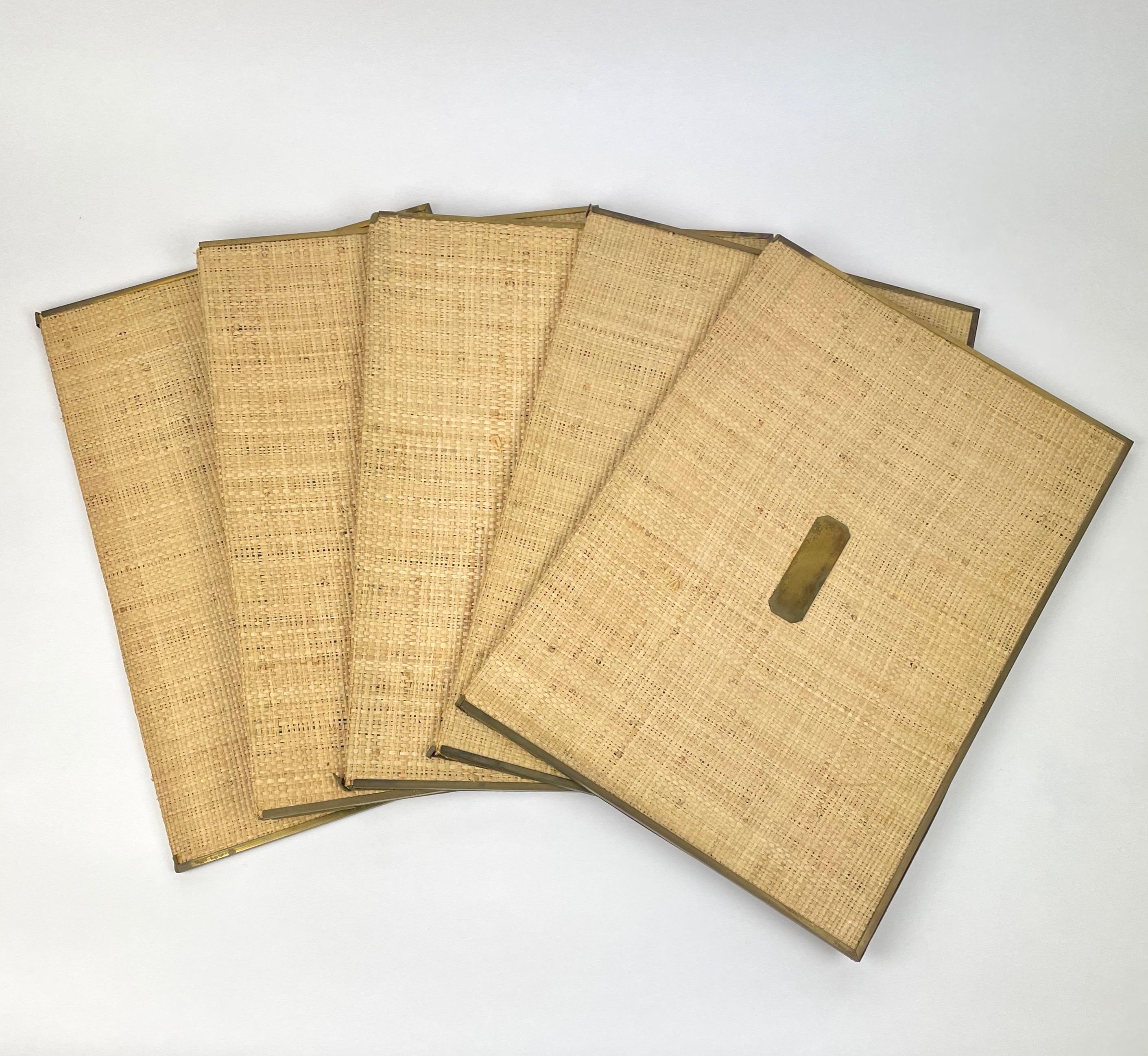 Five big file folders in wicker and brass details made in Italy in the 1960s.
