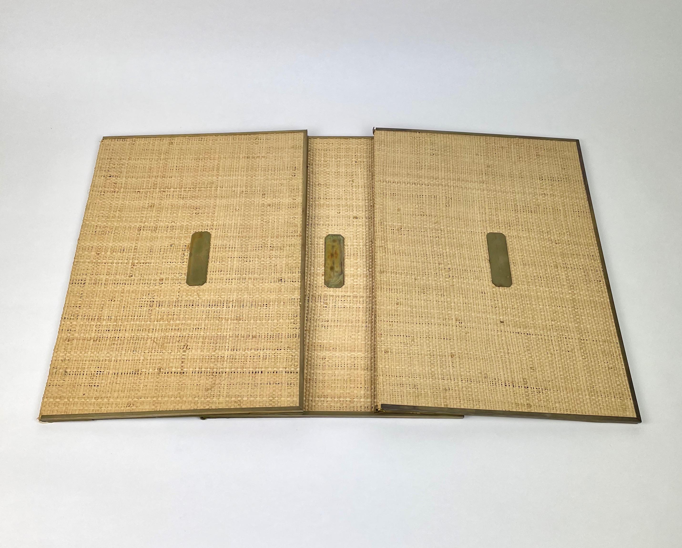 Mid-Century Modern Set of Five File Folders in Wicker and Brass, Italy, 1960s For Sale