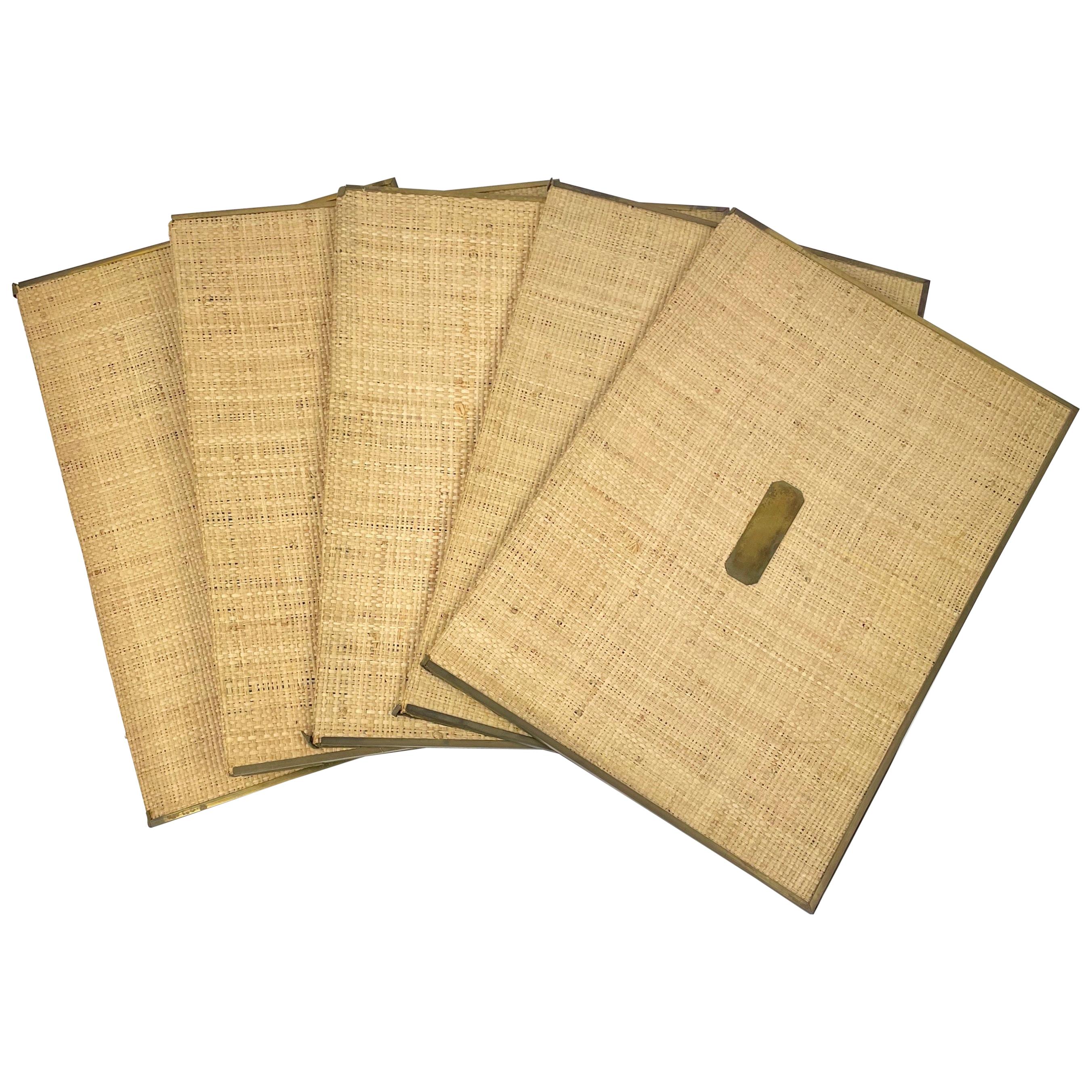 Set of Five File Folders in Wicker and Brass, Italy, 1960s For Sale