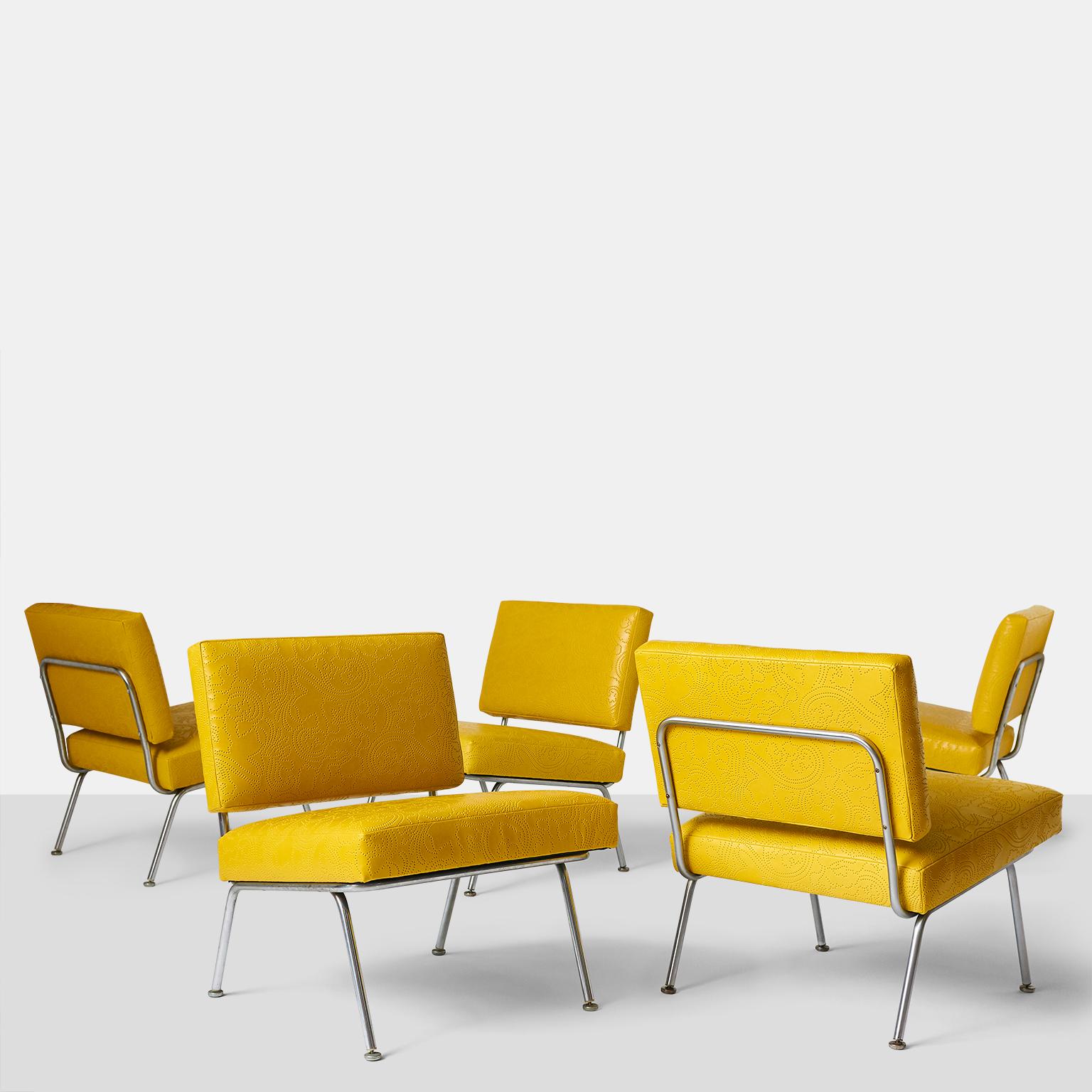 Set of Five Florence Knoll chairs model #31 for Knoll International.
A very rare and early set of 5 chairs by Florence Knoll in a satin steel finish with the original glides on all legs. Completely restored in a luxurious perforated leather by Jerry