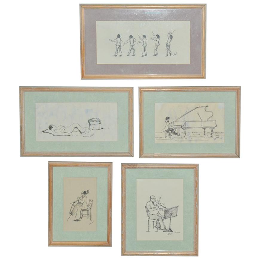 Set of Five Framed "Tanglewood" Drawings