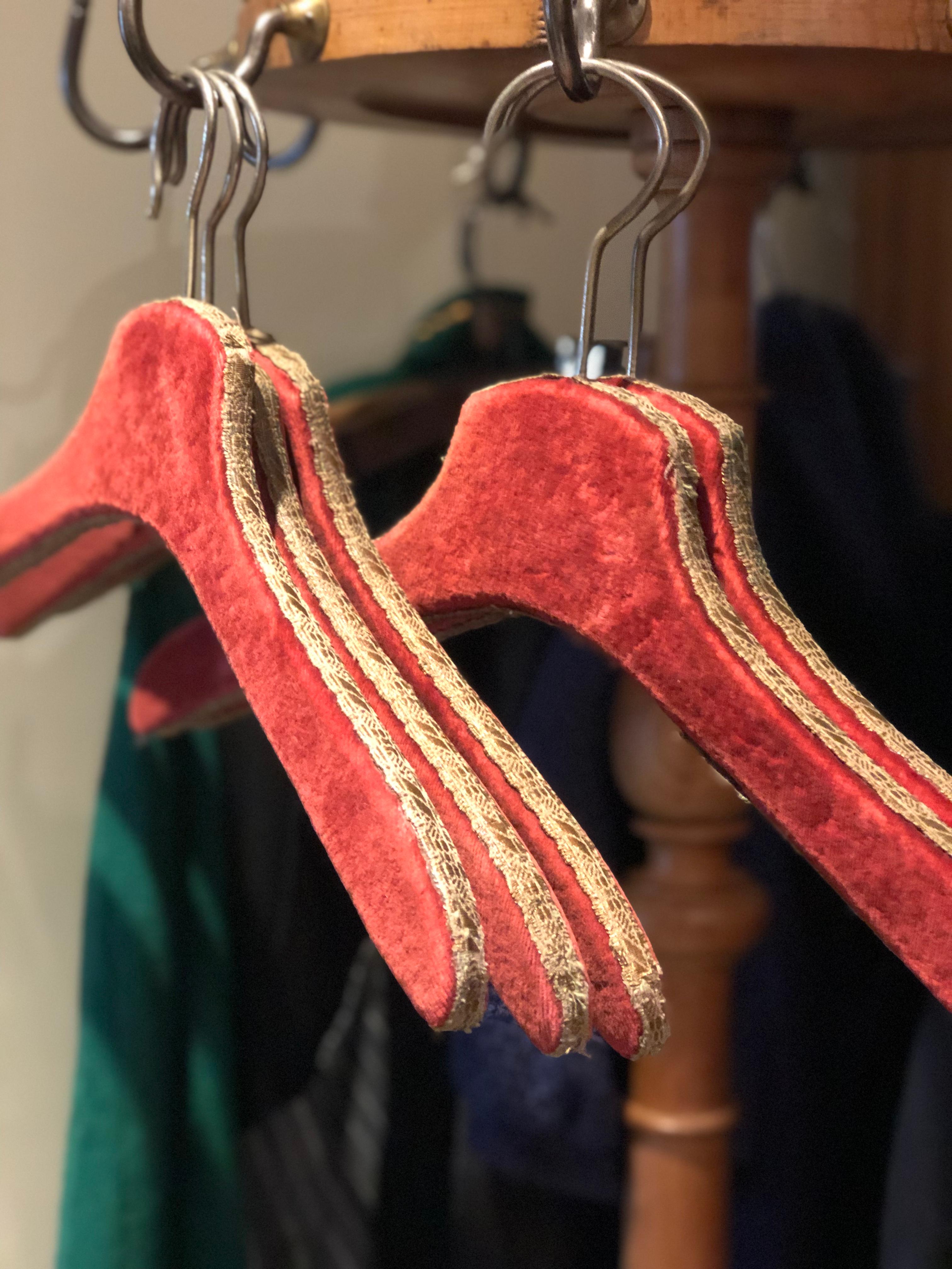 Set of Five French Antique Clothes Hangers in Red Velvet In Good Condition In Sofia, BG