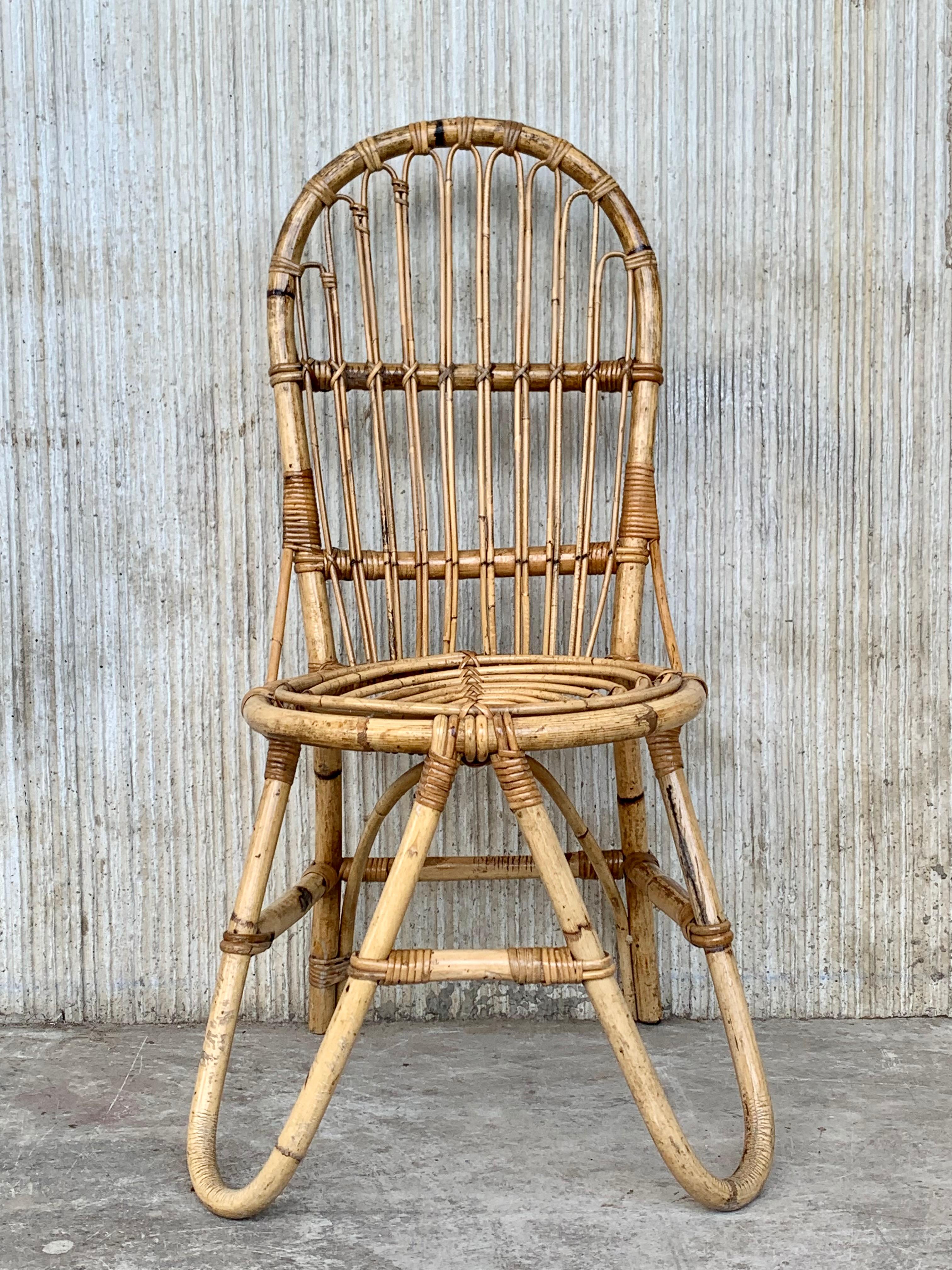 Mid-Century Modern Set of Five French Bamboo and Rattan French  Sculptural Dining Chairs circa 1970 For Sale