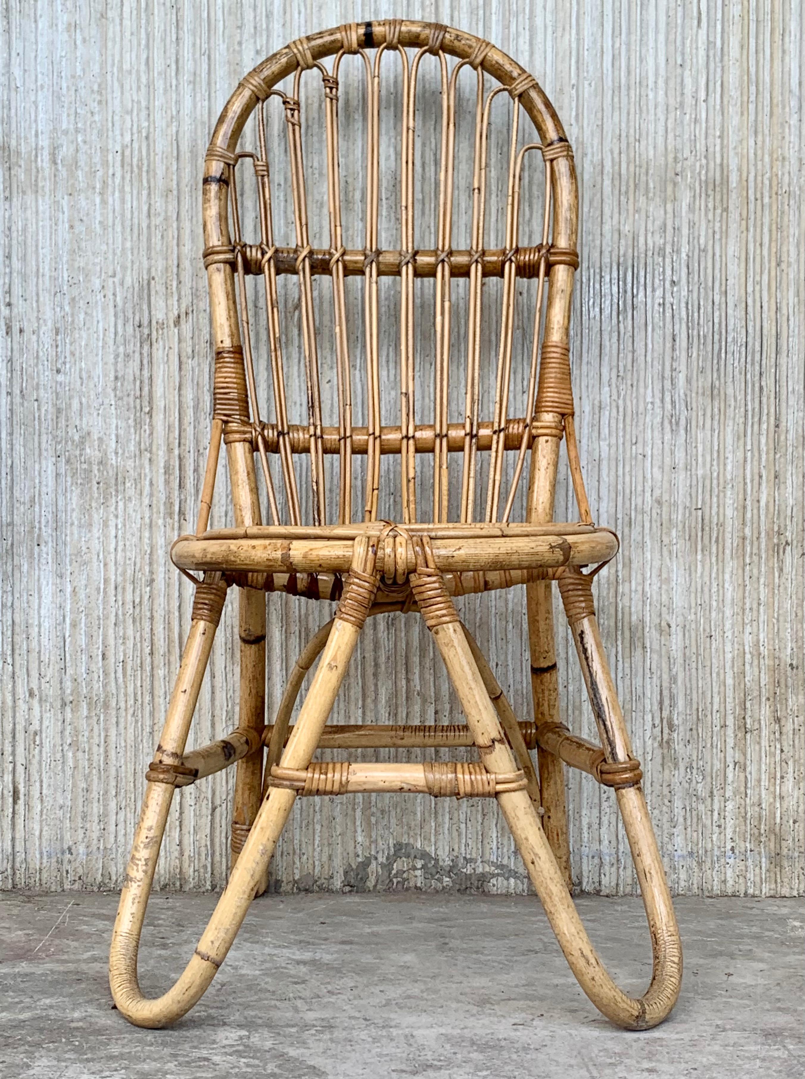 Spanish Set of Five French Bamboo and Rattan French  Sculptural Dining Chairs circa 1970 For Sale