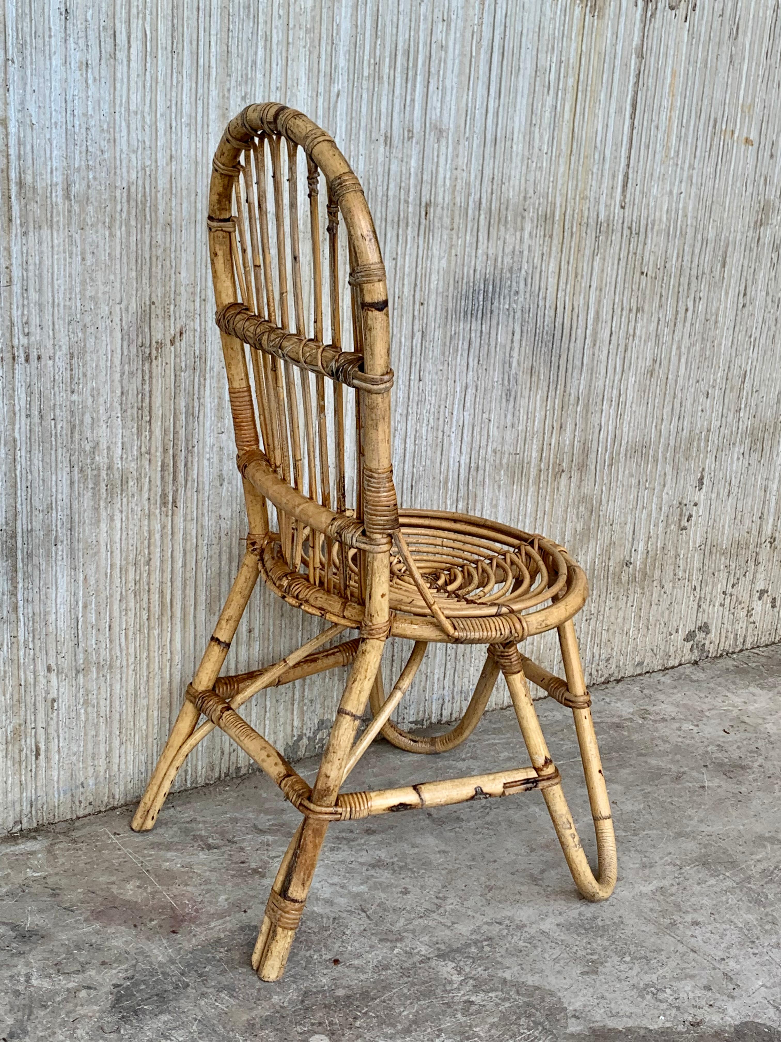 20th Century Set of Five French Bamboo and Rattan French  Sculptural Dining Chairs circa 1970 For Sale