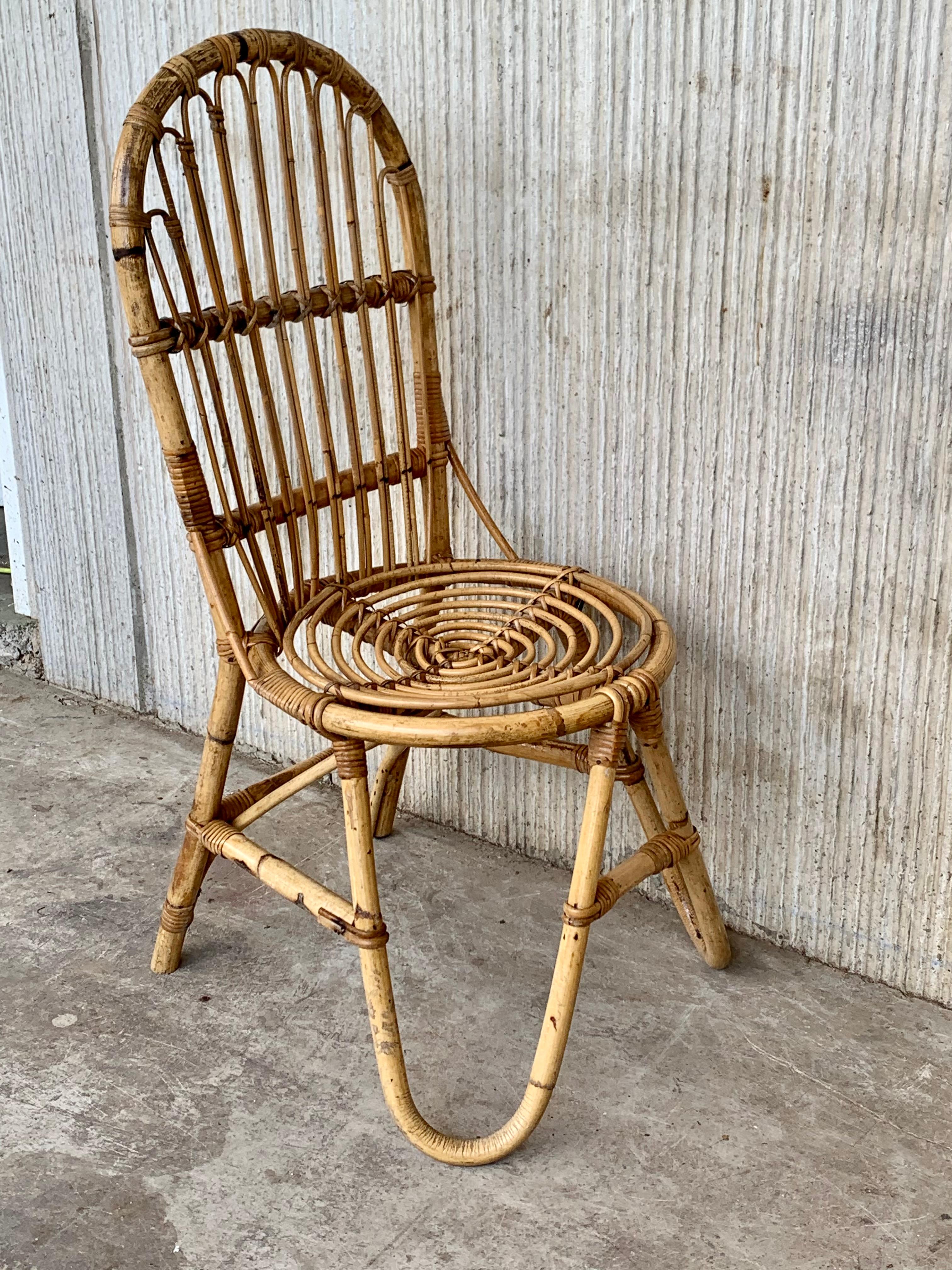 Set of Five French Bamboo and Rattan French  Sculptural Dining Chairs circa 1970 For Sale 1