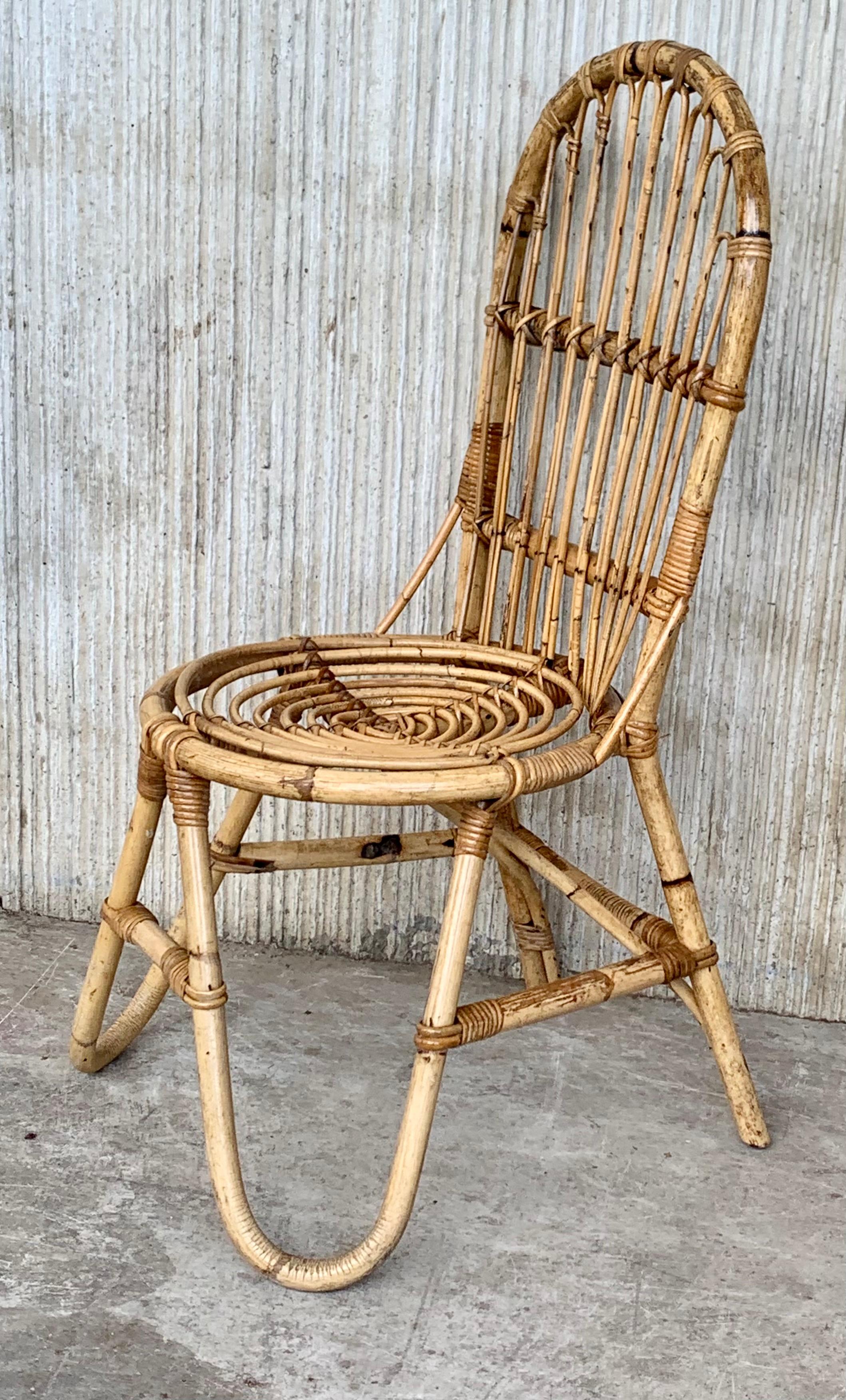 Set of Five French Bamboo and Rattan French  Sculptural Dining Chairs circa 1970 For Sale 3