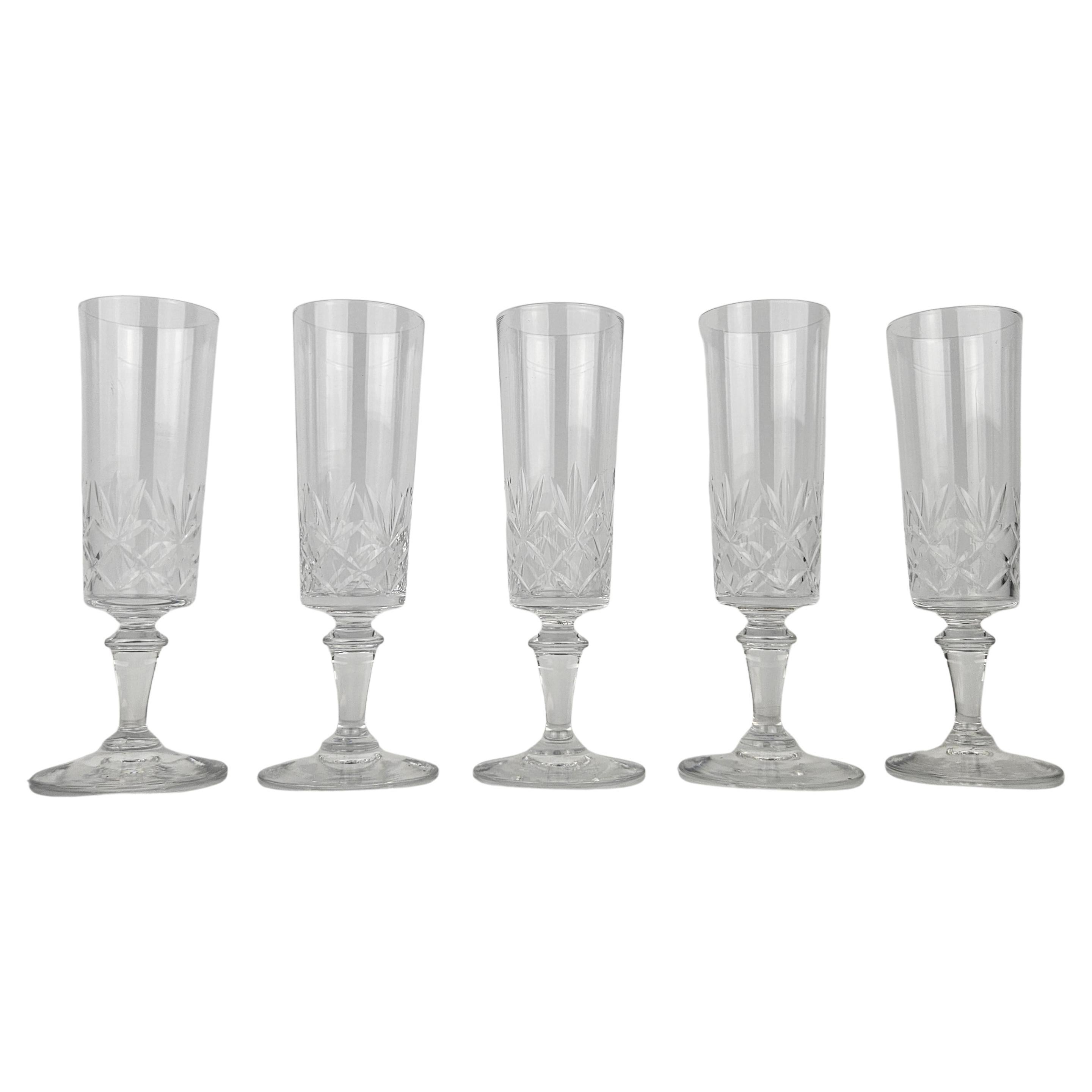 Set of Five French Champagne Flutes in Crystal Glass, Ca. 1890