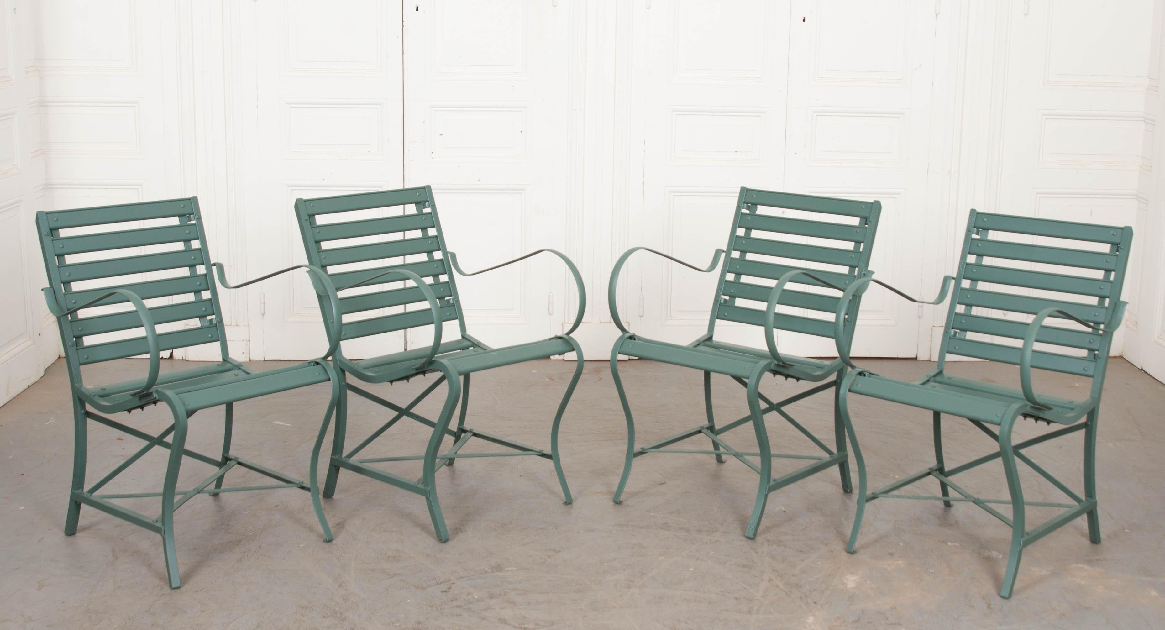 Painted Set of Five French Early 20th Century Metal and Wood Garden Chairs