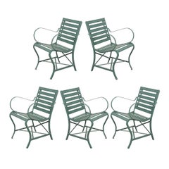 Antique Set of Five French Early 20th Century Metal and Wood Garden Chairs