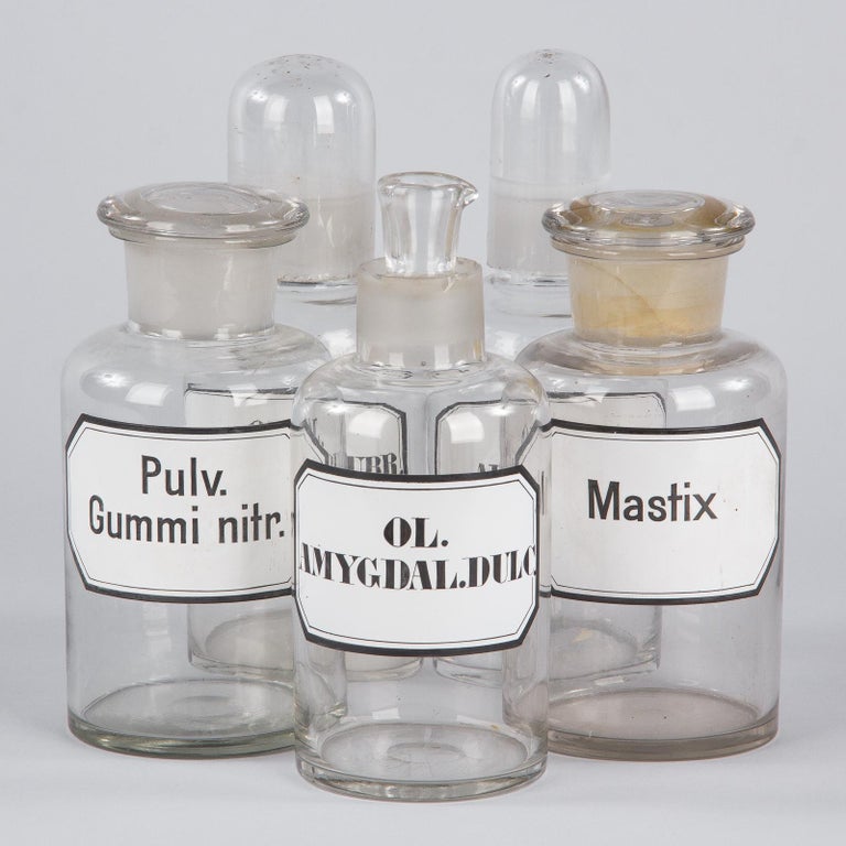 Set of Five French Glass Pharmacy Bottles, Early 1900s For Sale at 1stdibs