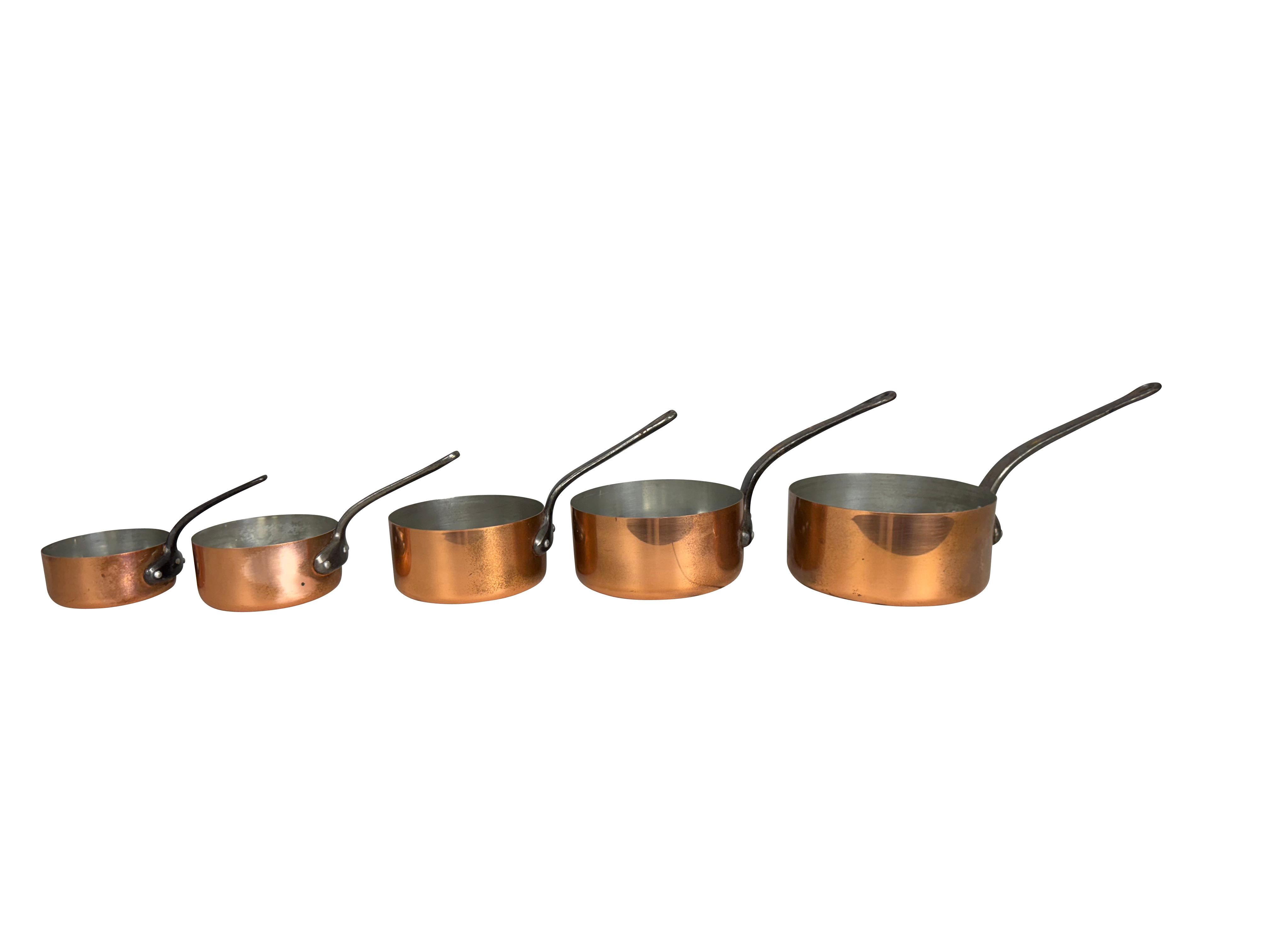 Hand-Crafted Set of Five French Graduated Copper Saucepans