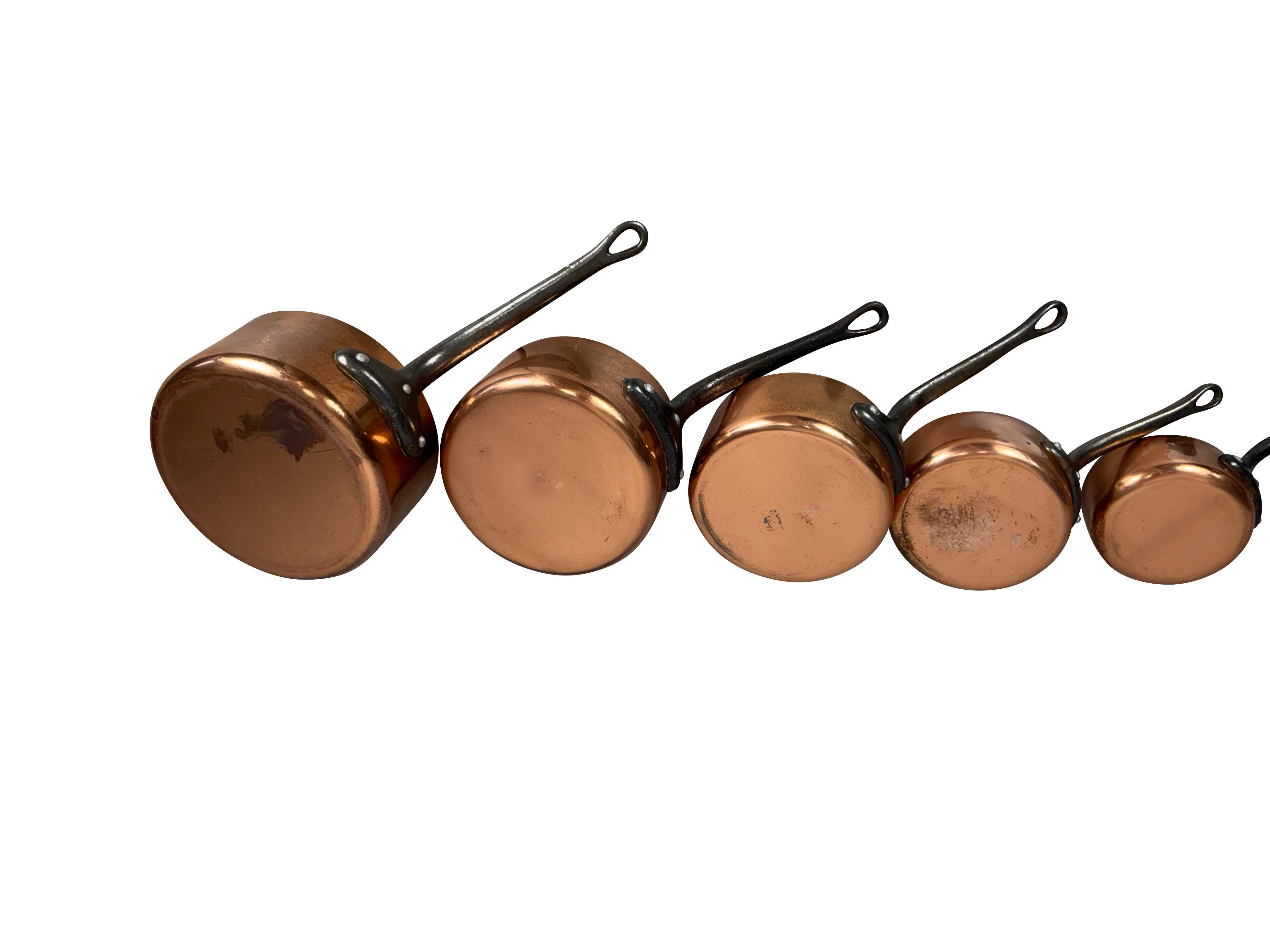 20th Century Set of Five French Graduated Copper Saucepans