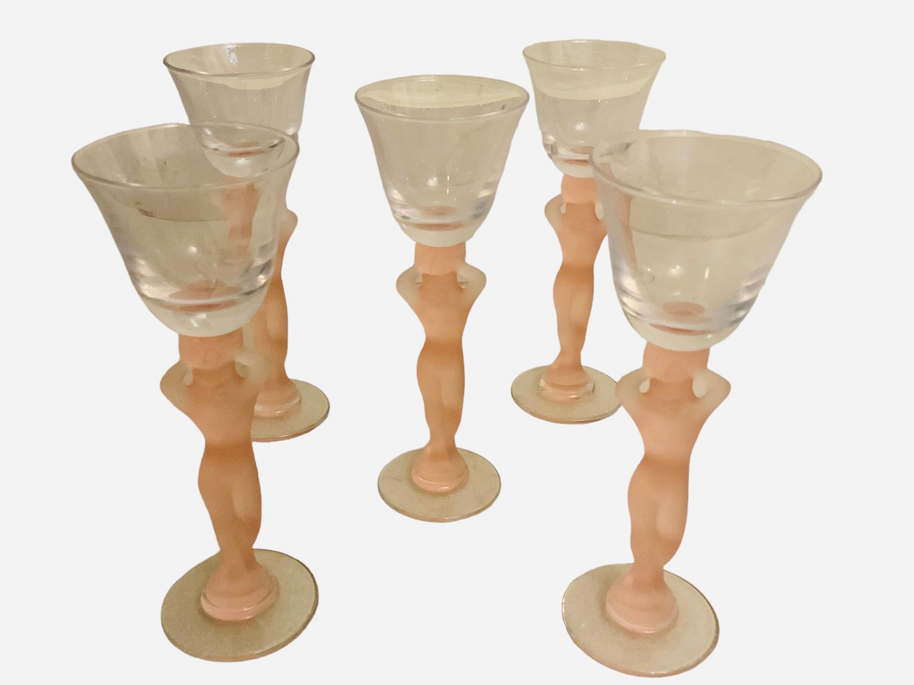 Set Of Five Frosted Nude Caryatids Figures Stem Liquor Glasses For Sale 4