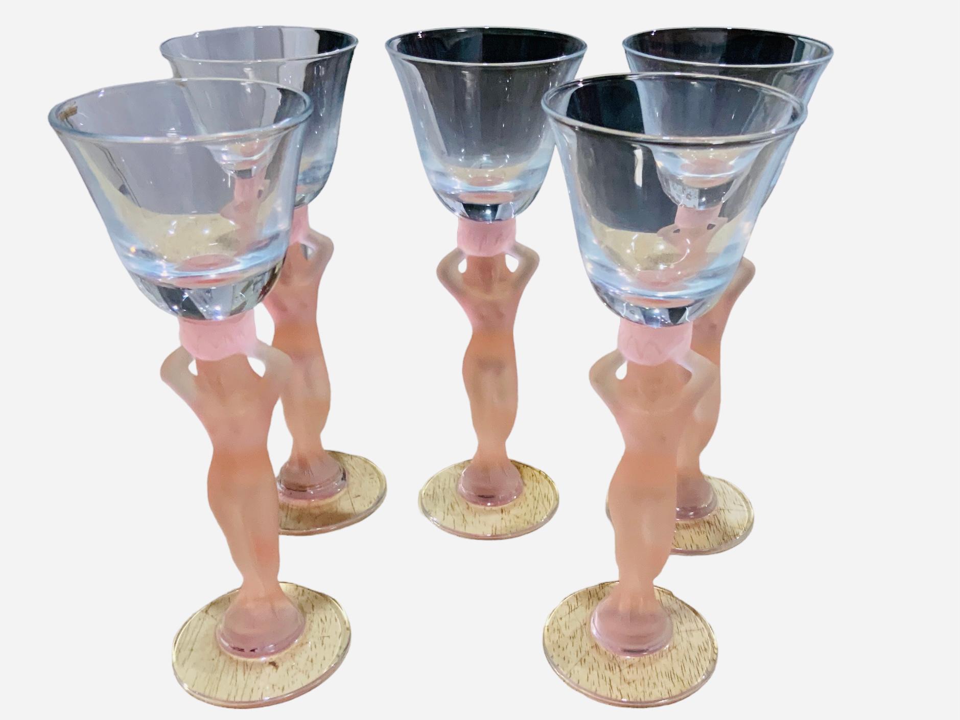 Set Of Five Frosted Nude Caryatids Figures Stem Liquor Glasses For Sale 6