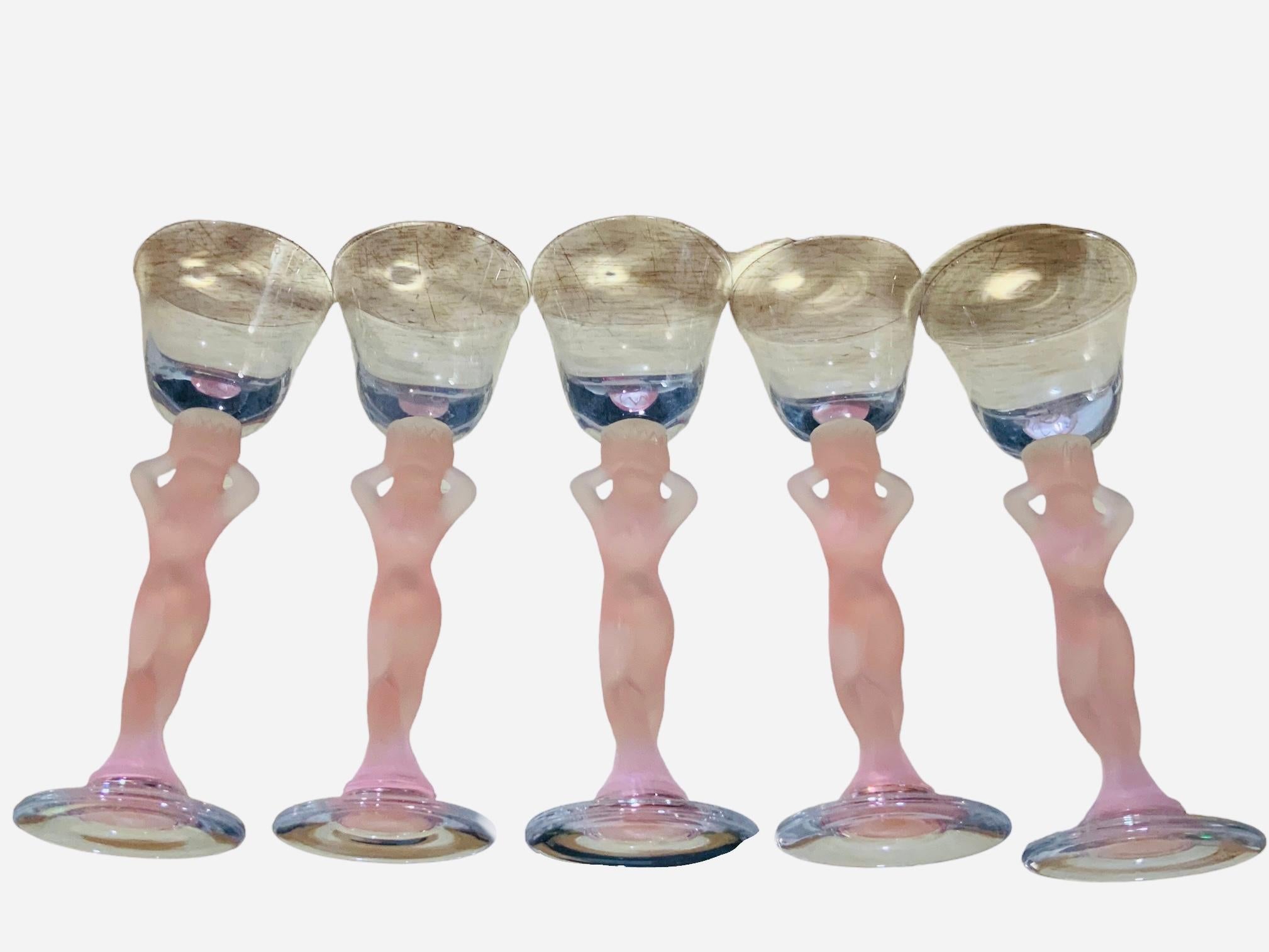 Hand-Crafted Set Of Five Frosted Nude Caryatids Figures Stem Liquor Glasses For Sale