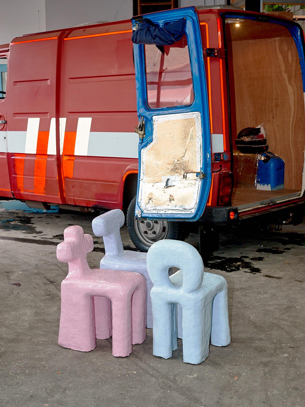Hand-Carved Set of Five Funky Chairs Made by Diego Faivre Minute Manufacture Designs For Sale