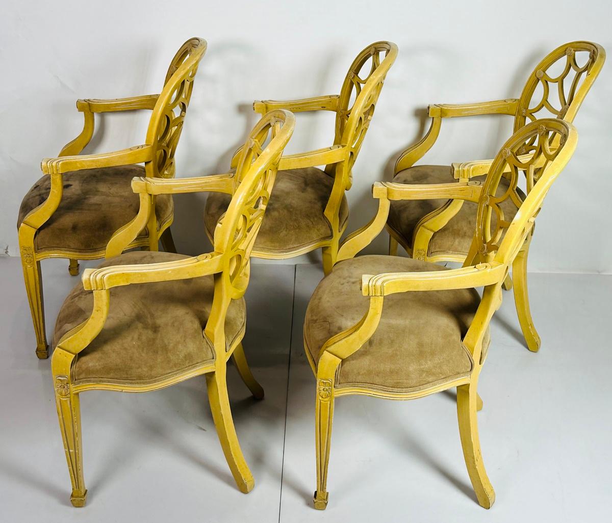 Set of Five George III Style Wheel Back Armchairs in Brown Suede. For Sale 1
