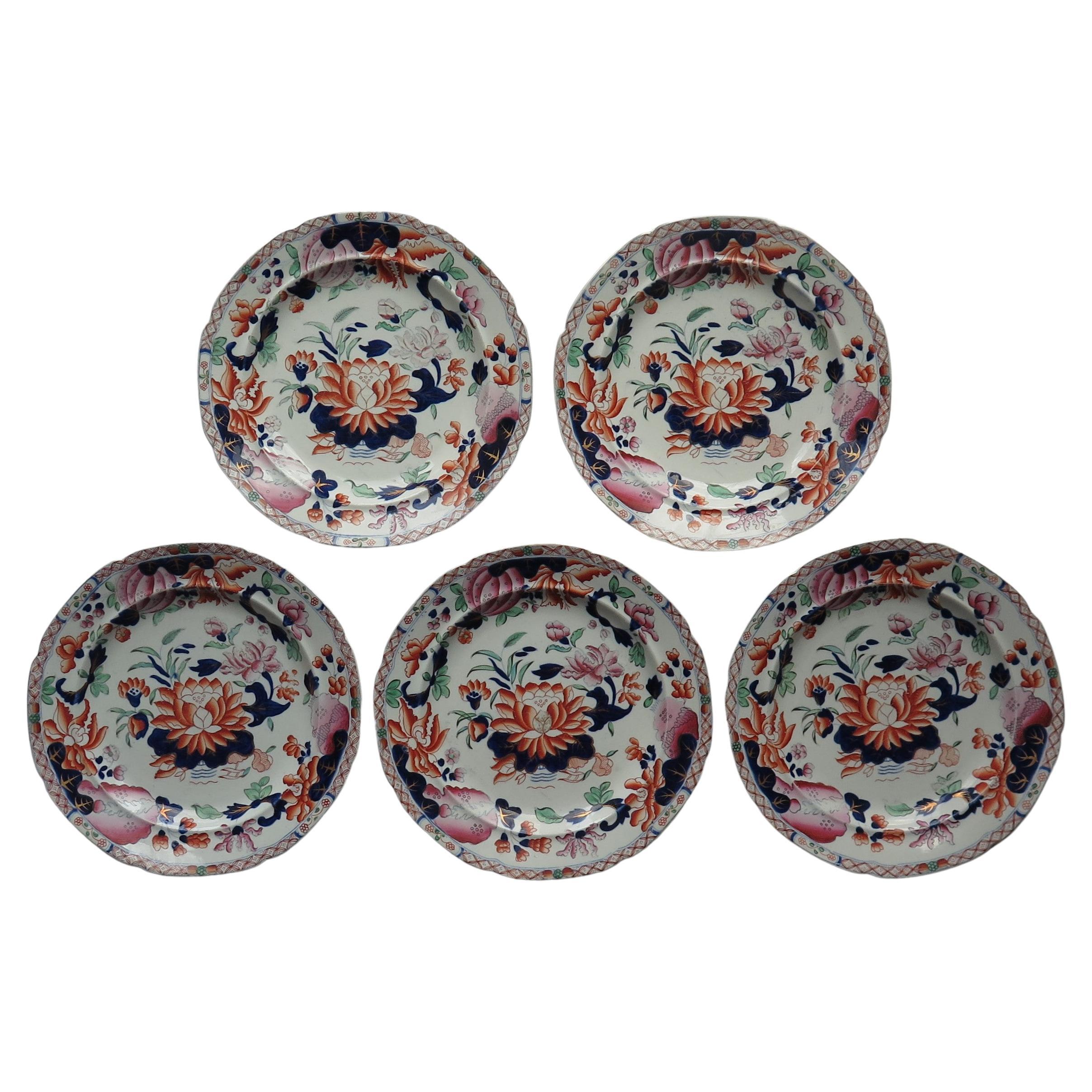 Set of Five Georgian Hicks and Meigh Ironstone Dinner Plates Water Lily Ptn No.5