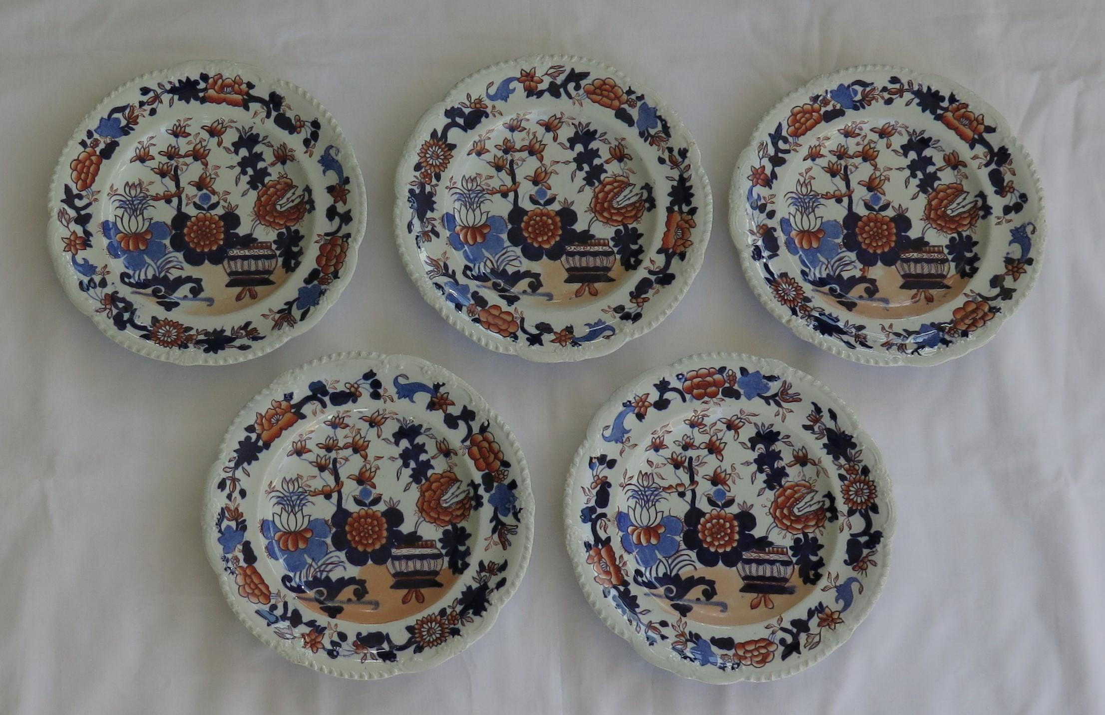 Hand-Painted Set of Five Georgian Mason's Ironstone Desert Plates Basket Japan Ptn, Ca 1818 For Sale