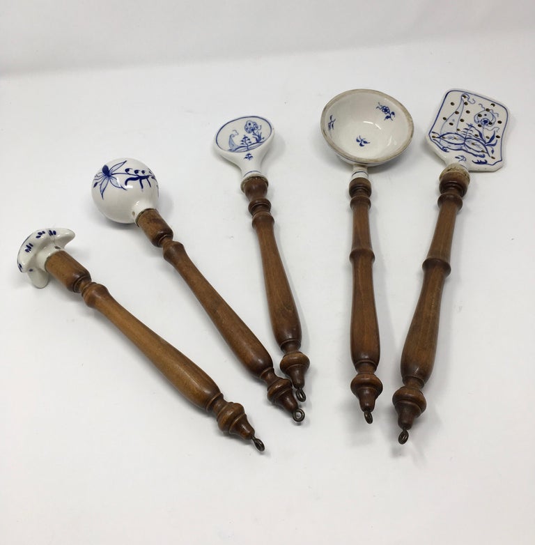 Set of Five German Blue and White Porcelain Kitchen Utensils at 1stDibs