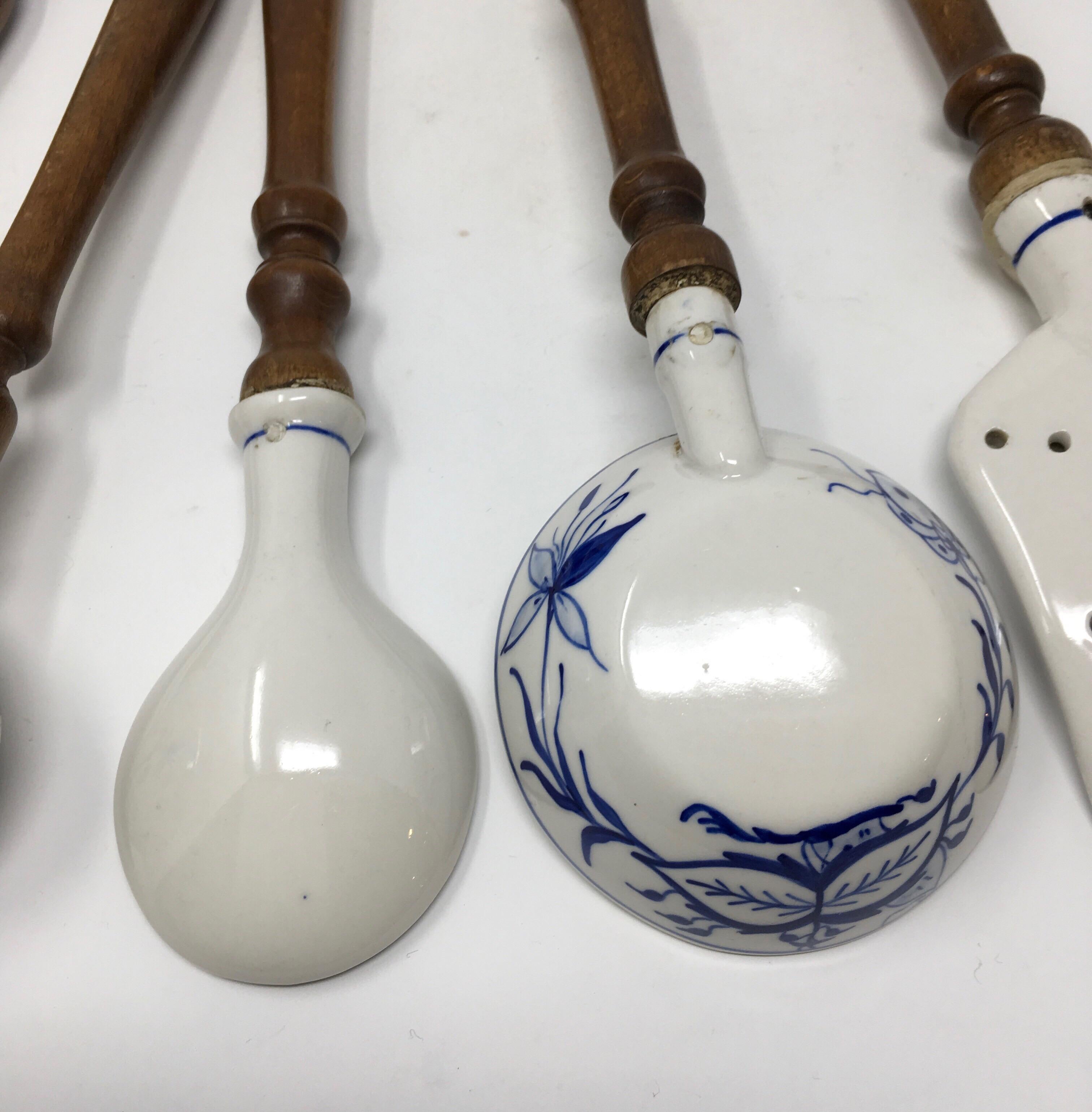 Metal Set of Five German Blue and White Porcelain Kitchen Utensils
