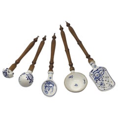 Vintage Set of Five German Blue and White Porcelain Kitchen Utensils