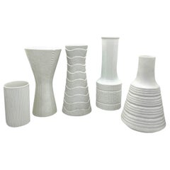 Set of Five German Vintage Textured White Bisque Porcelain Vases