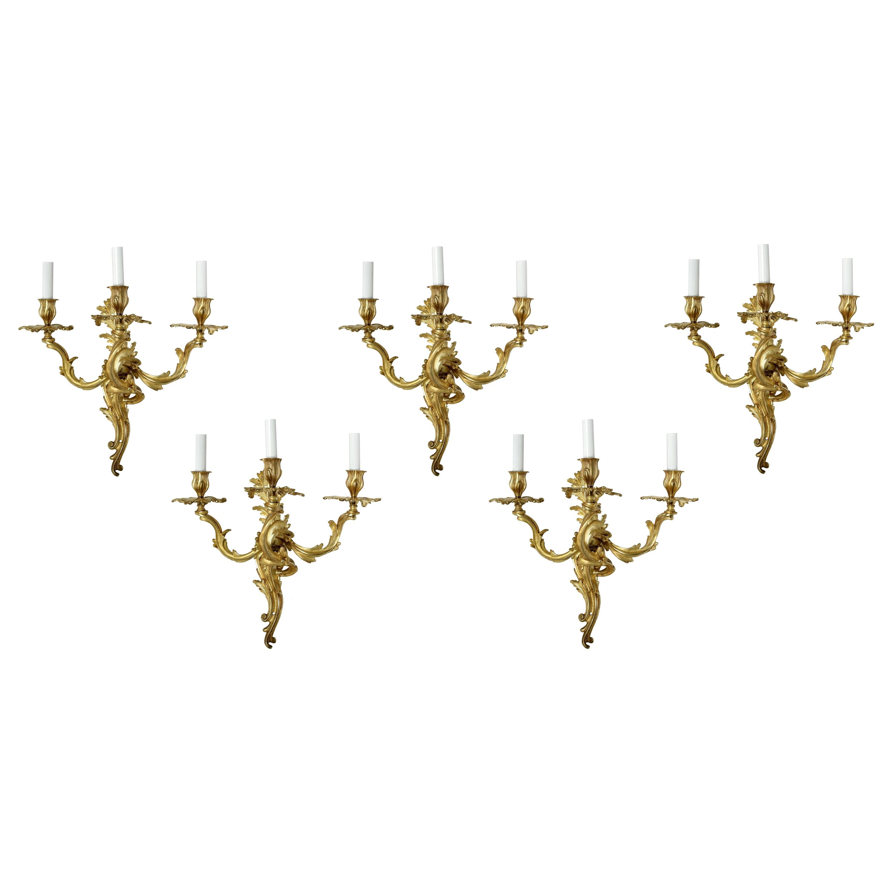 Set of Five Gilt Bronze Louis XV Style Sconces In Good Condition In Locust Valley, NY