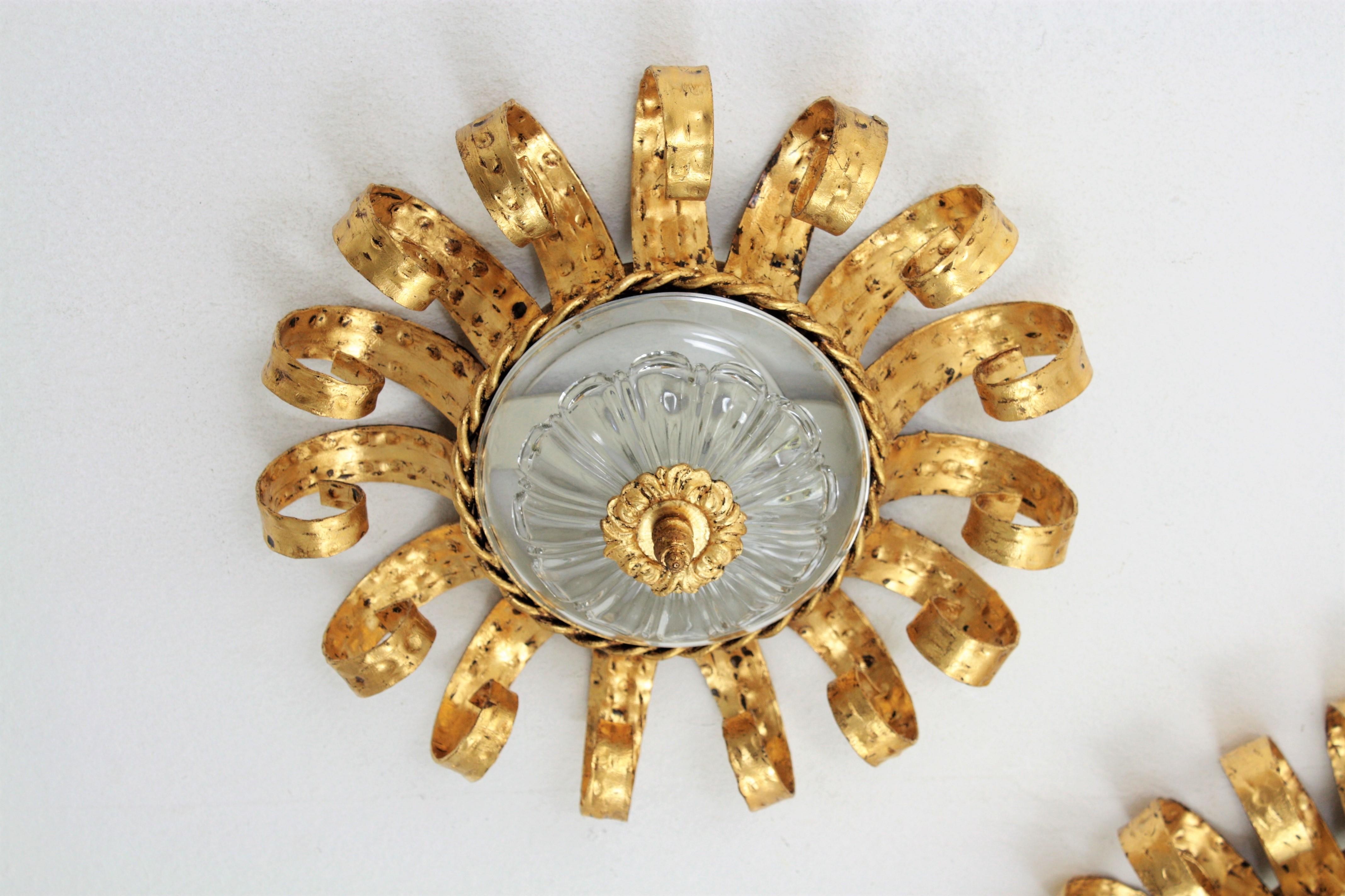 Sunburst Crown Ceiling Light Fixtures, Gilt Iron and Glass, Set of Five  3