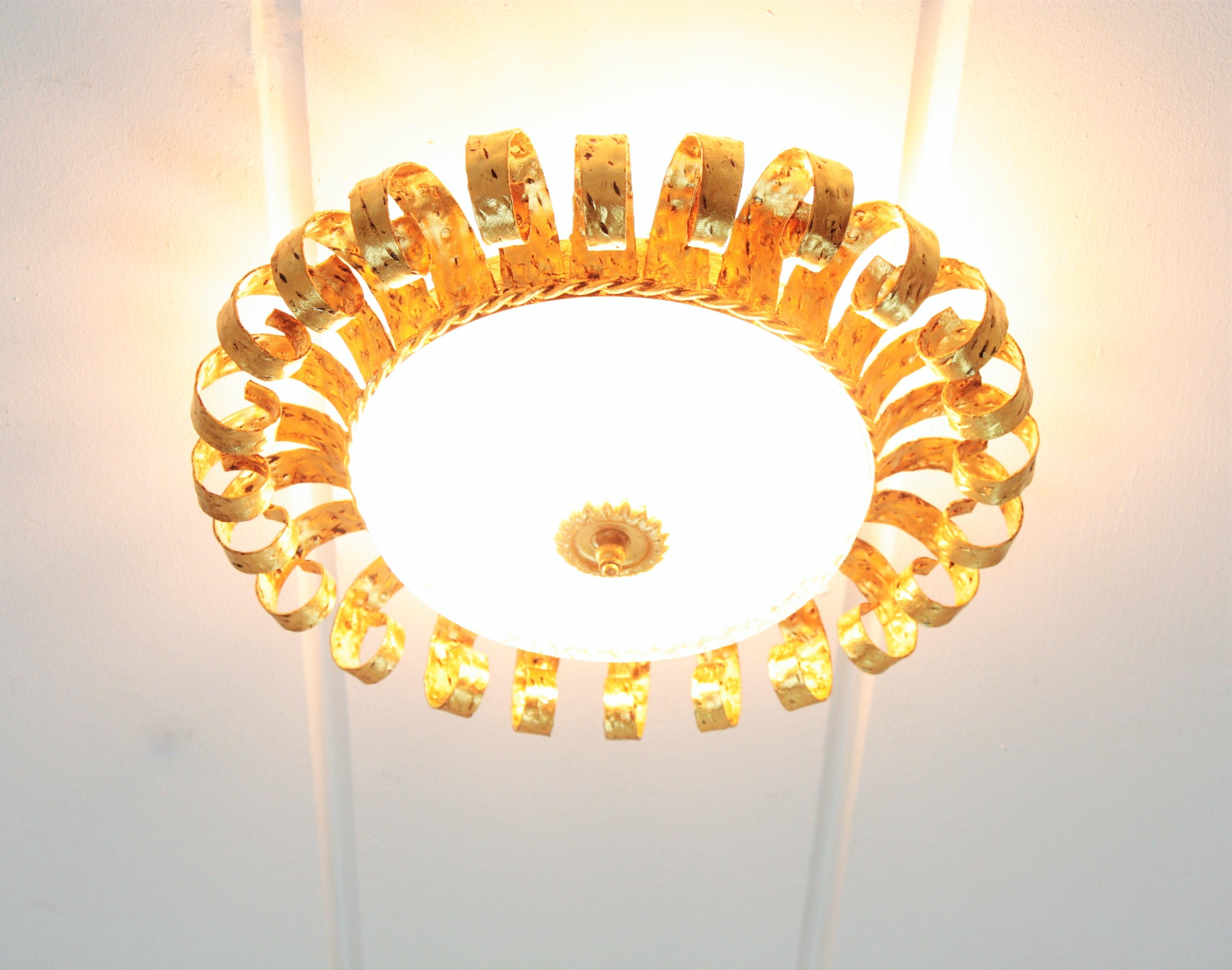 Sunburst Crown Ceiling Light Fixtures, Gilt Iron and Glass, Set of Five  4