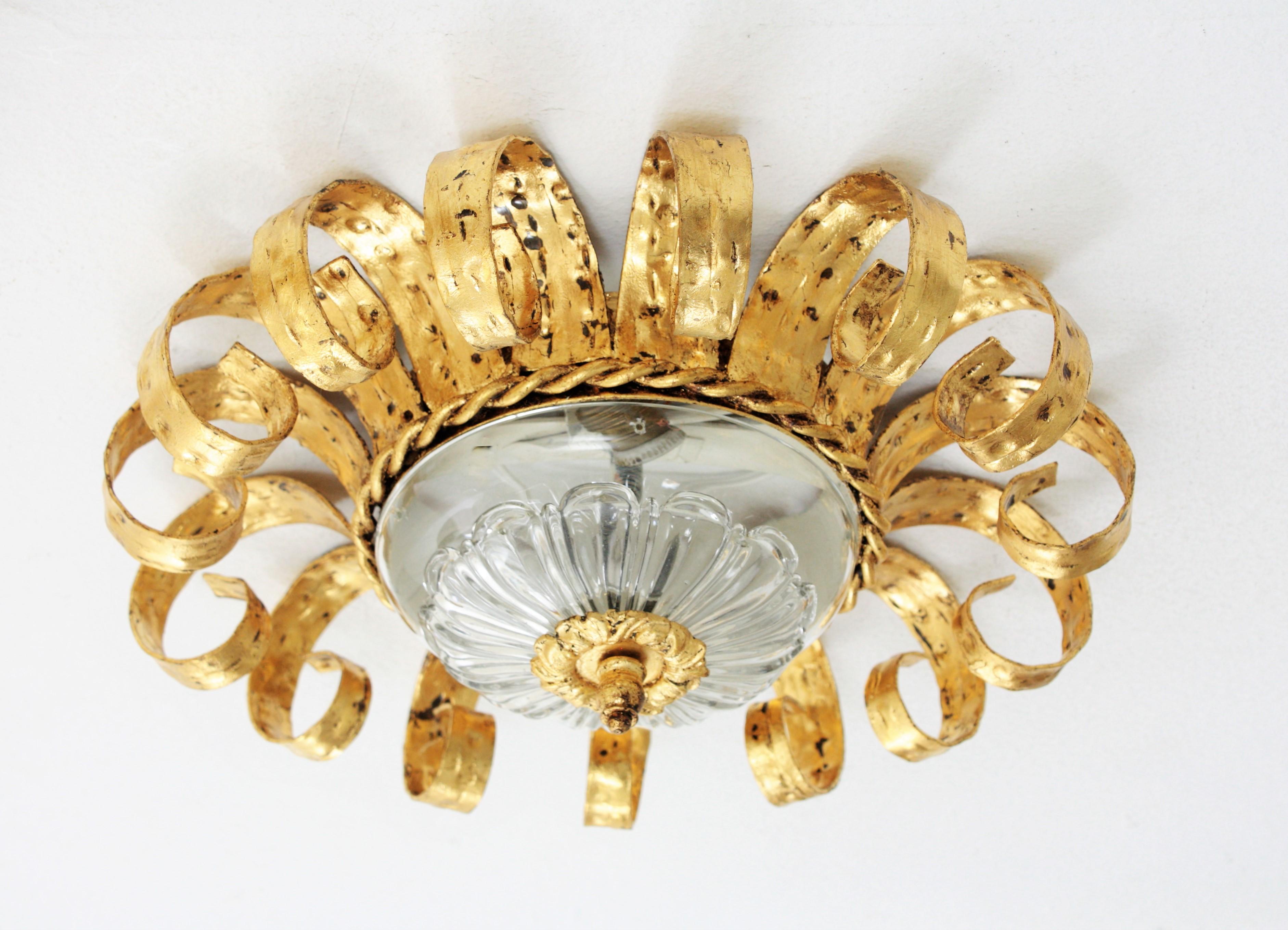 Sunburst Crown Ceiling Light Fixtures, Gilt Iron and Glass, Set of Five  5