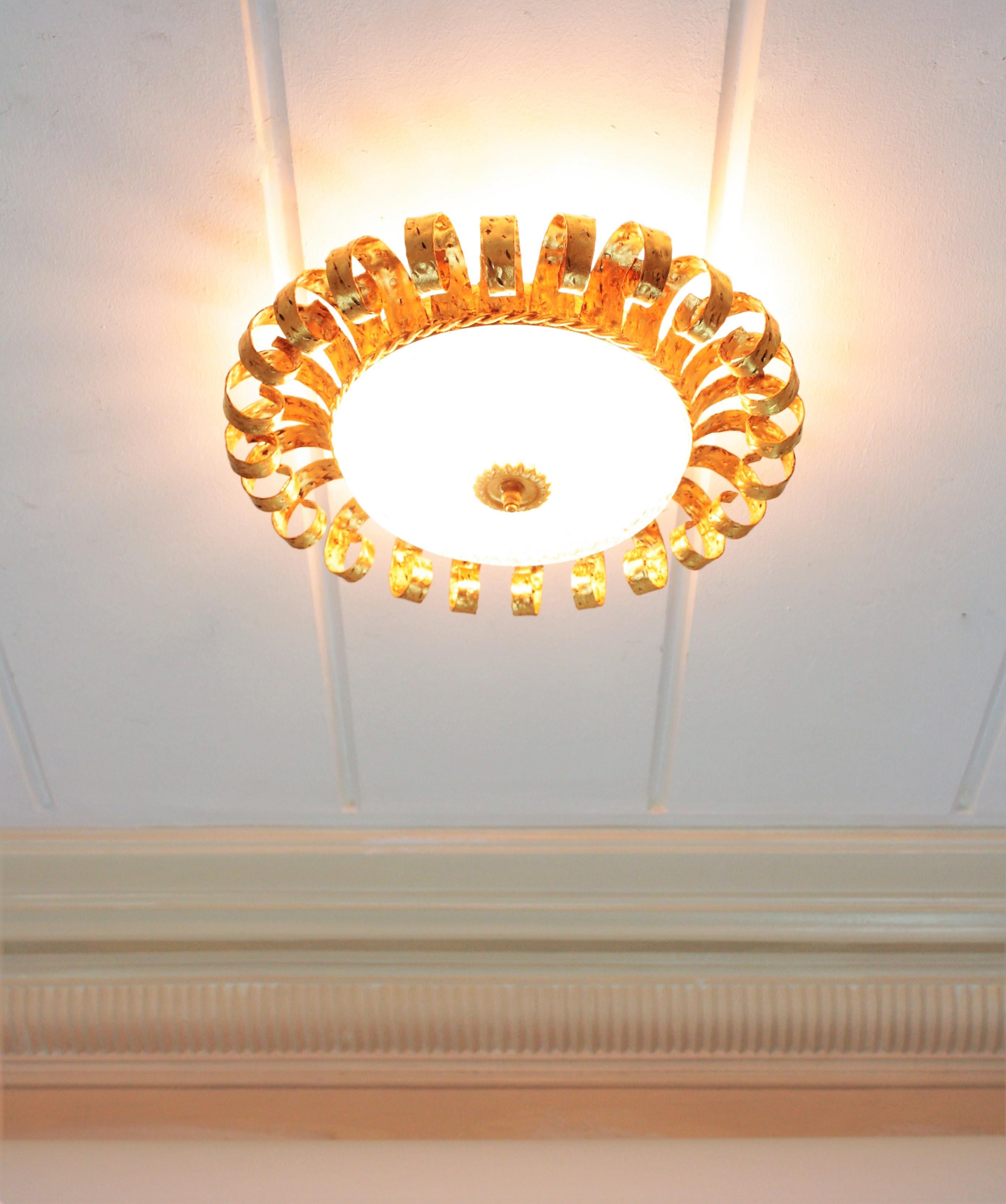 Sunburst Crown Ceiling Light Fixtures, Gilt Iron and Glass, Set of Five  8