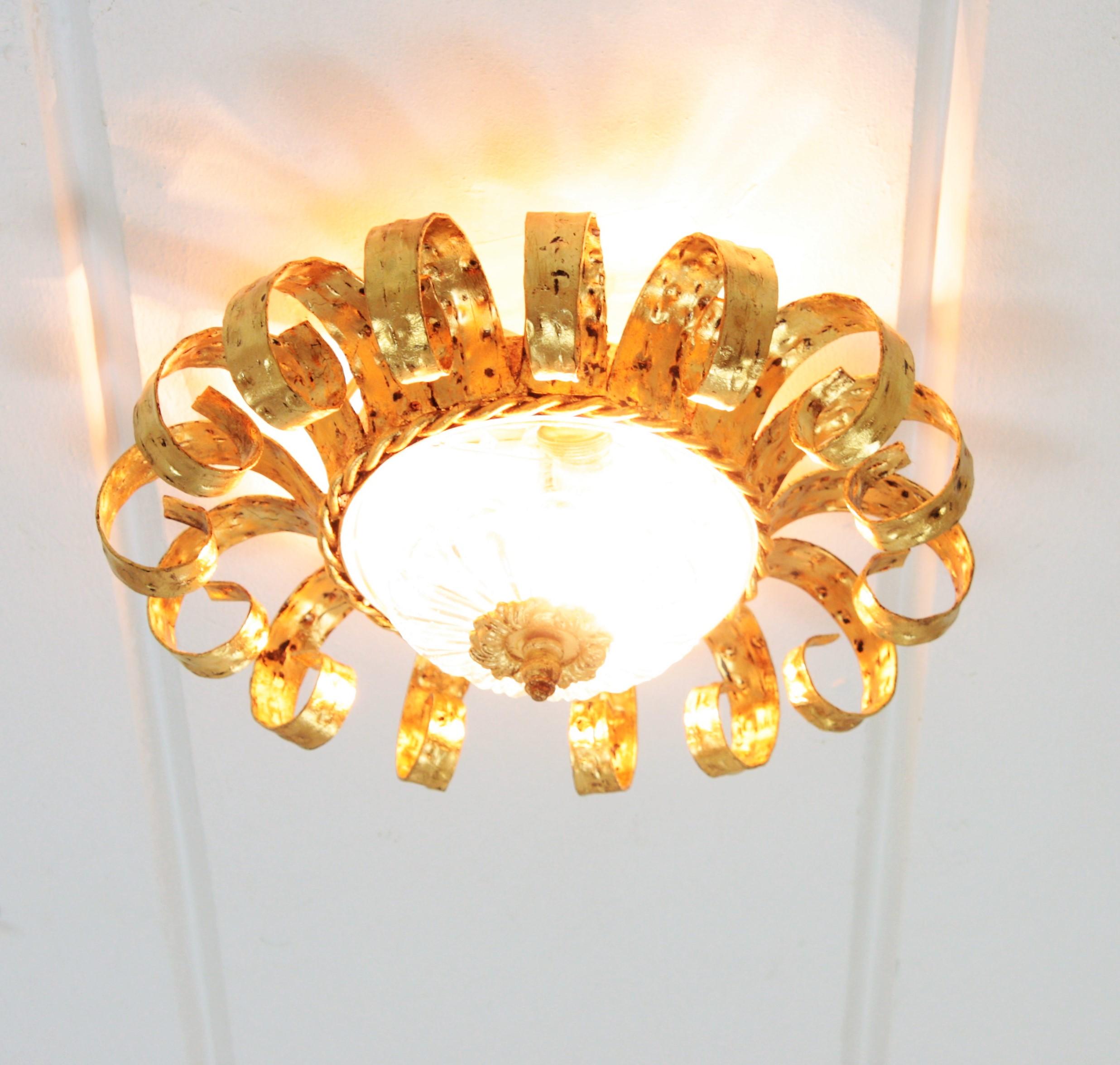 Sunburst Crown Ceiling Light Fixtures, Gilt Iron and Glass, Set of Five  9