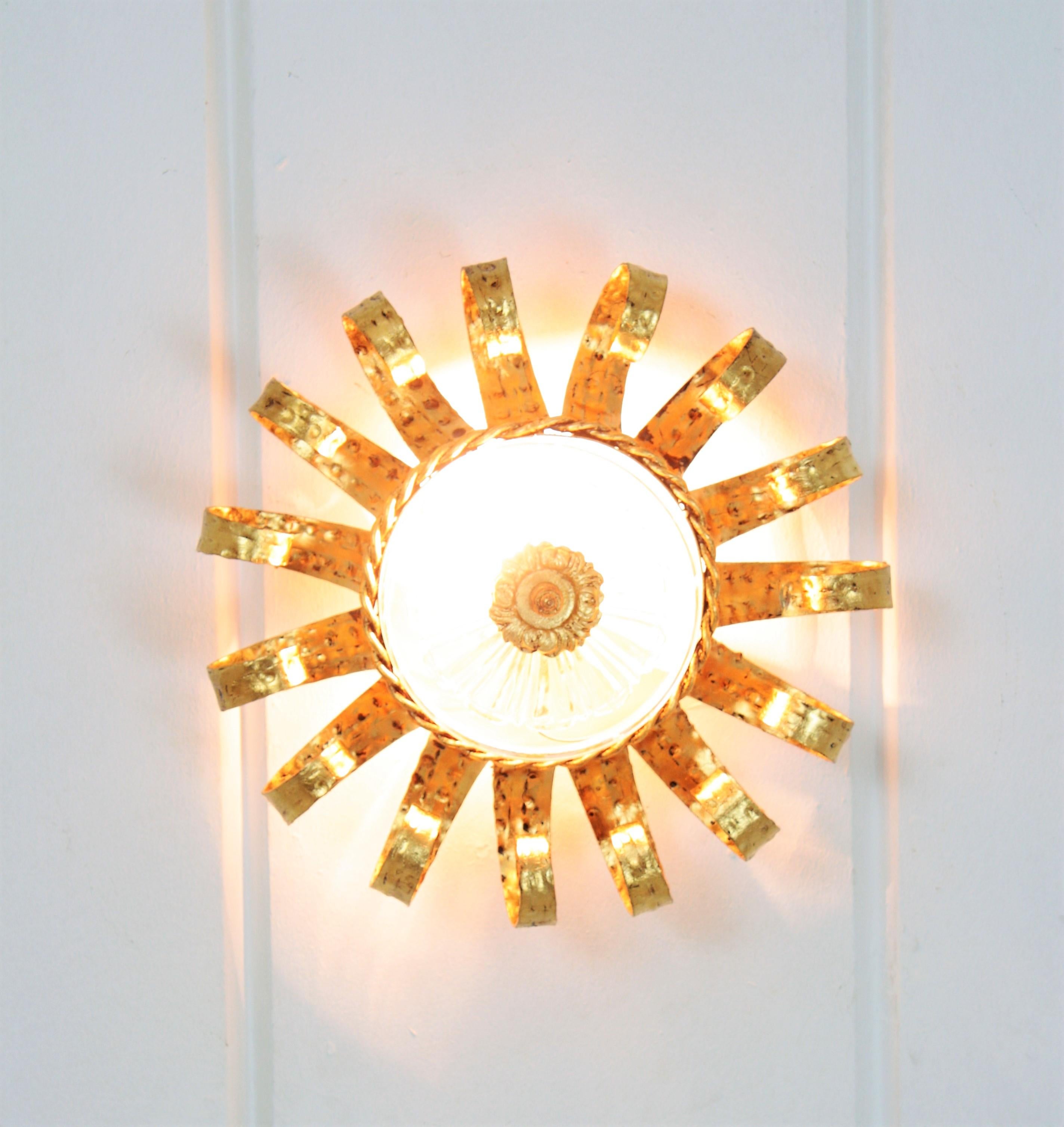Sunburst Crown Ceiling Light Fixtures, Gilt Iron and Glass, Set of Five  10