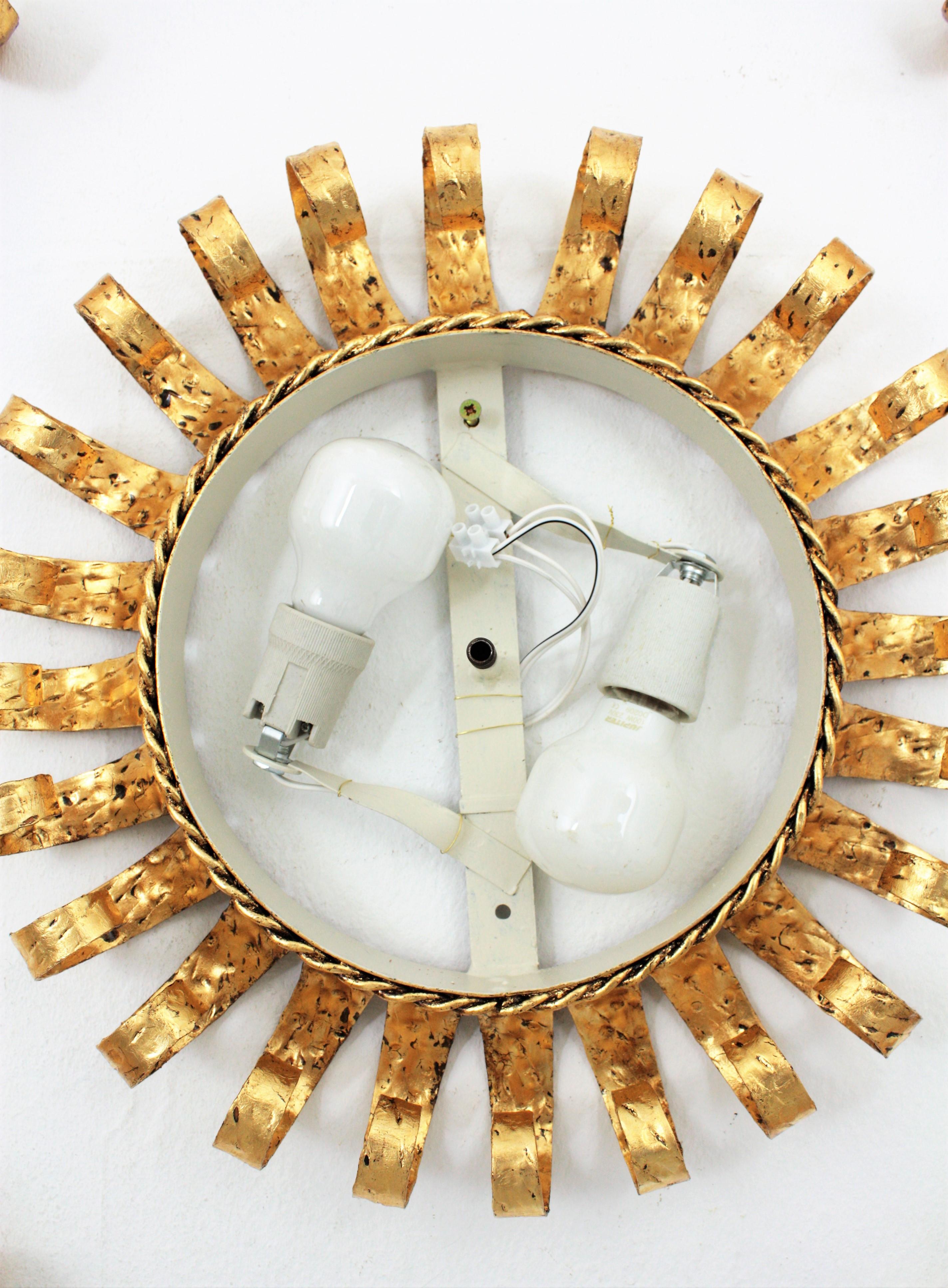 Sunburst Crown Ceiling Light Fixtures, Gilt Iron and Glass, Set of Five  12