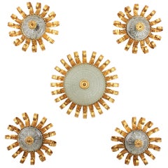 Sunburst Crown Ceiling Light Fixtures, Gilt Iron and Glass, Set of Five