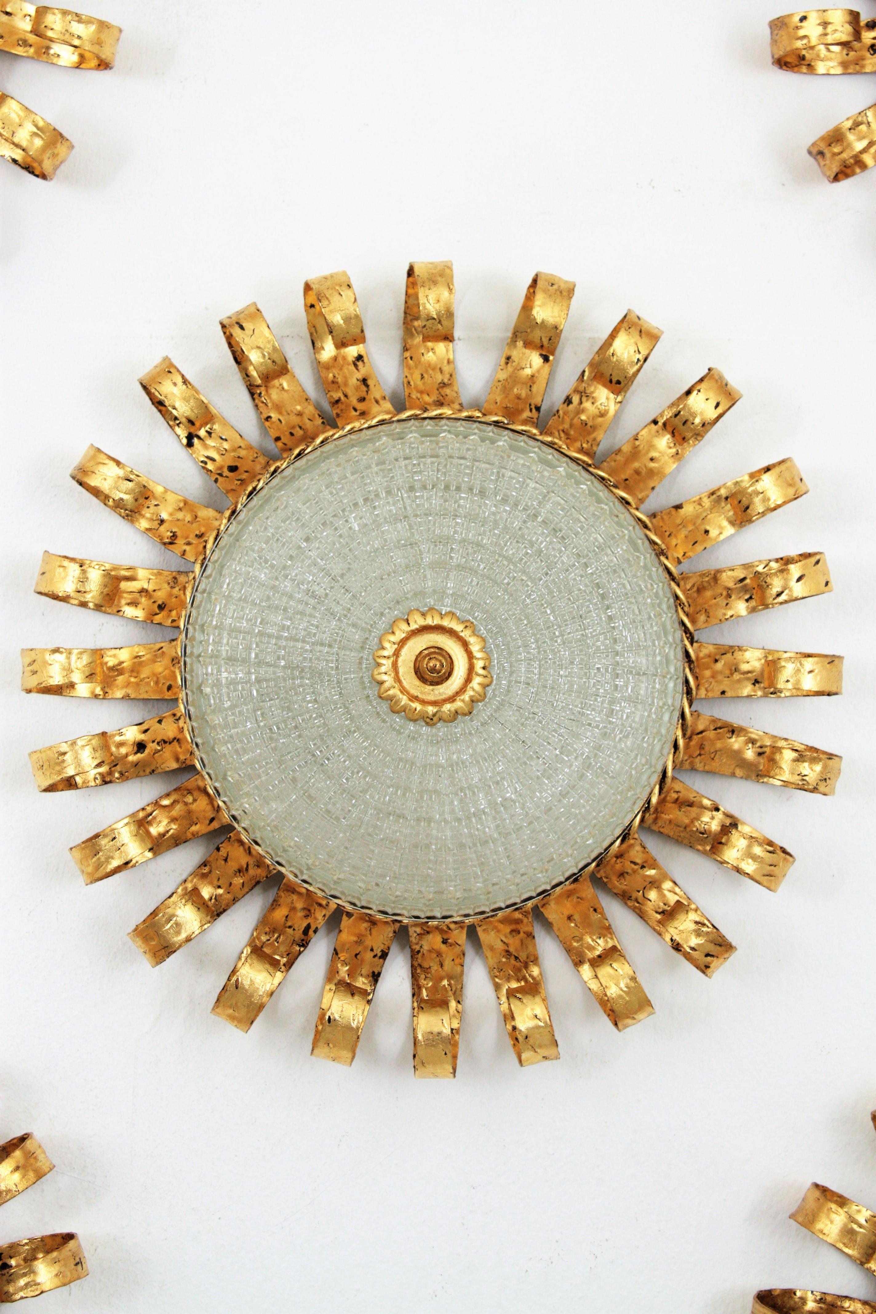 Spanish Sunburst Crown Ceiling Light Fixtures, Gilt Iron and Glass, Set of Five 