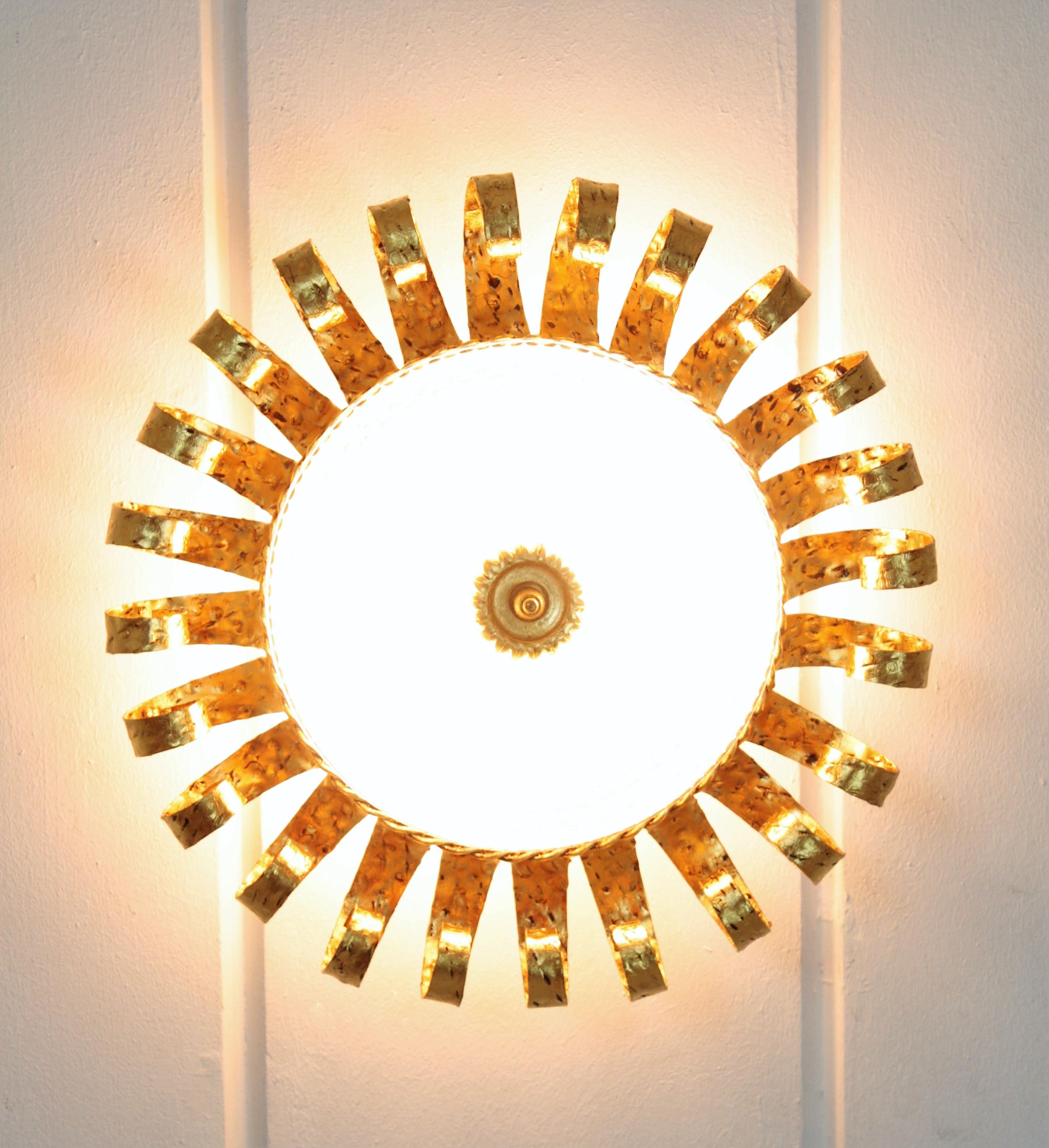 Pressed Sunburst Crown Ceiling Light Fixtures, Gilt Iron and Glass, Set of Five 